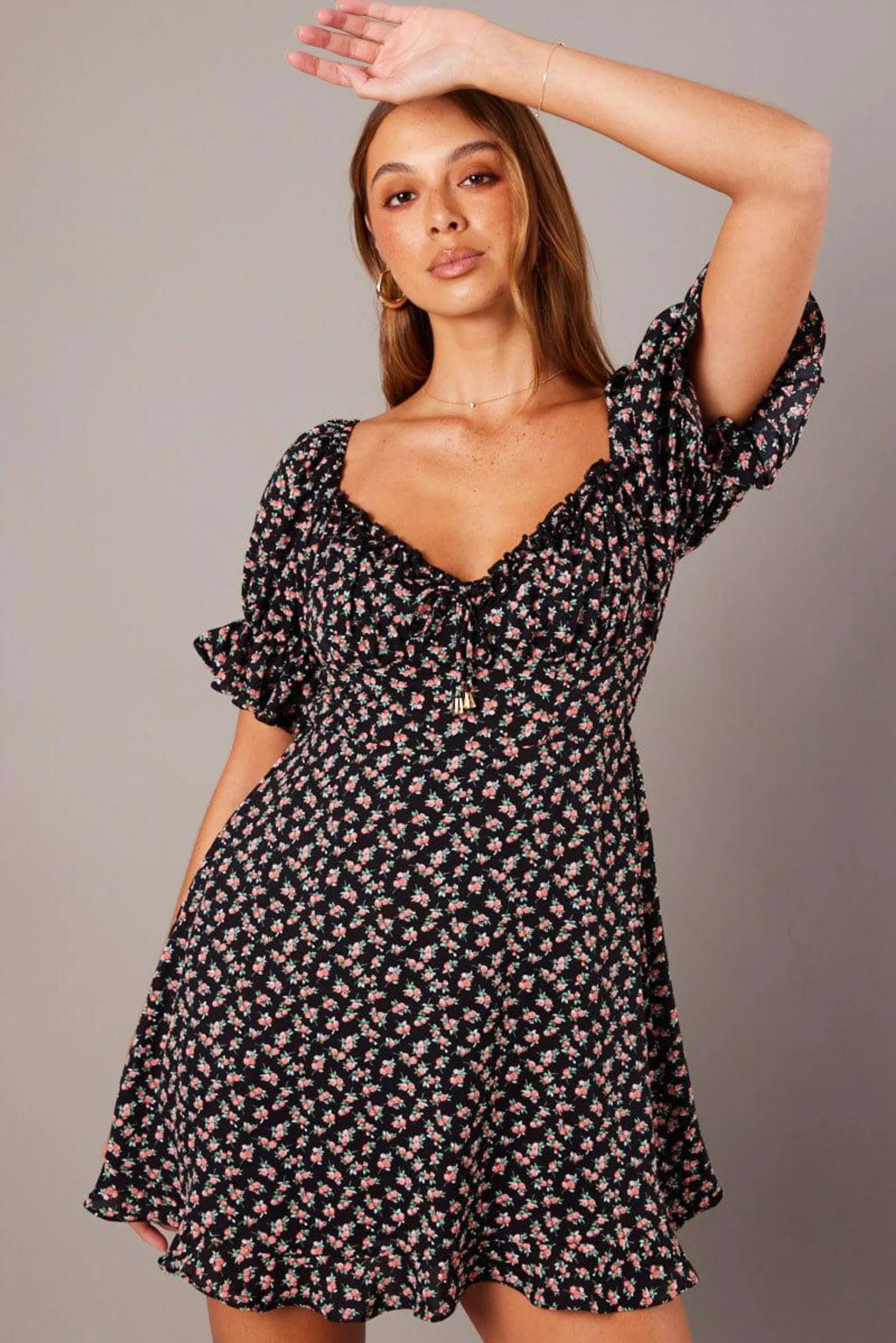 Black Floral Fit And Flare Dress Puff Sleeve