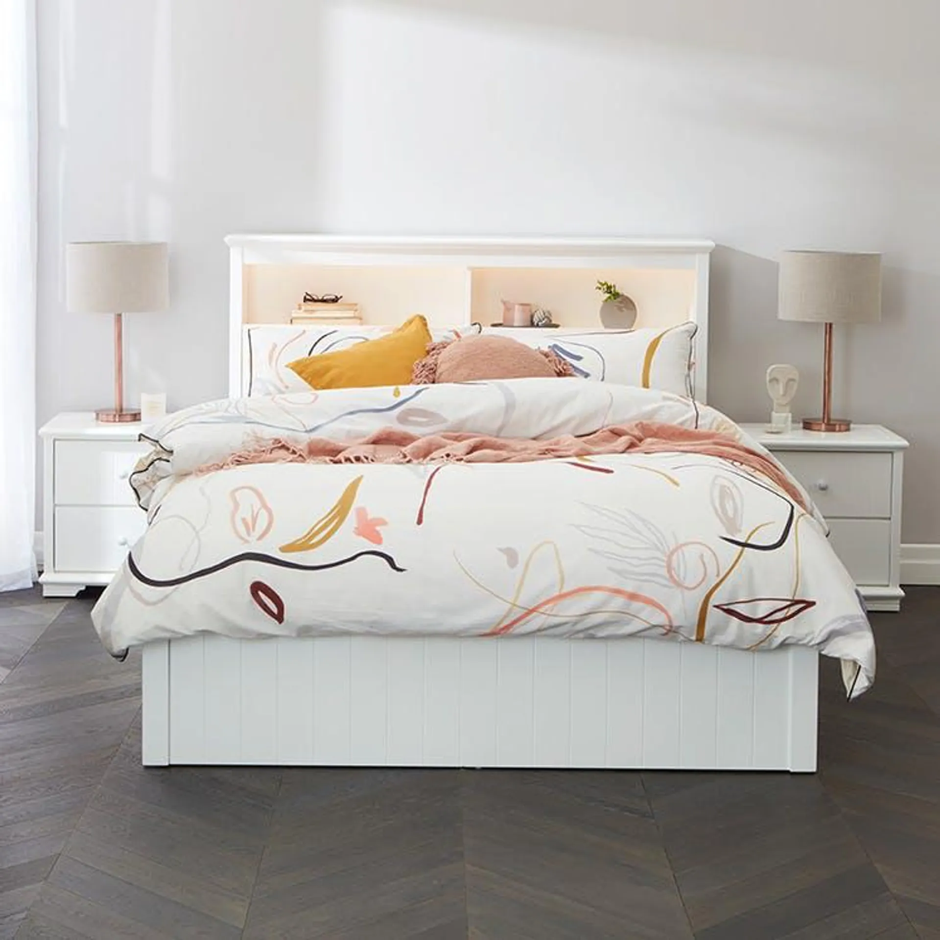 Bella Bed Frame W/Gas Lift Storage, Ivory White