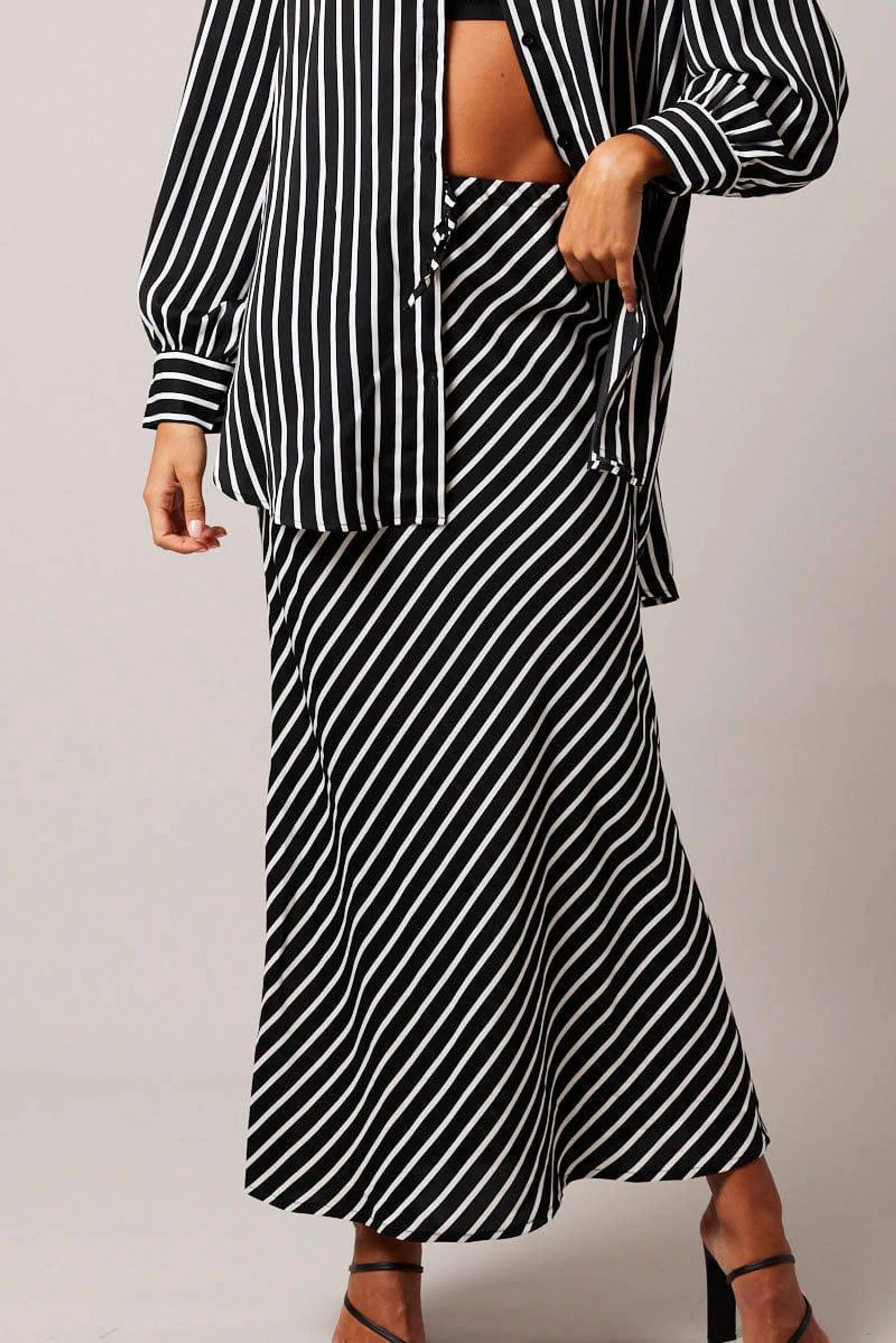 Black Stripe Slip Skirt Maxi Drawstring Waist