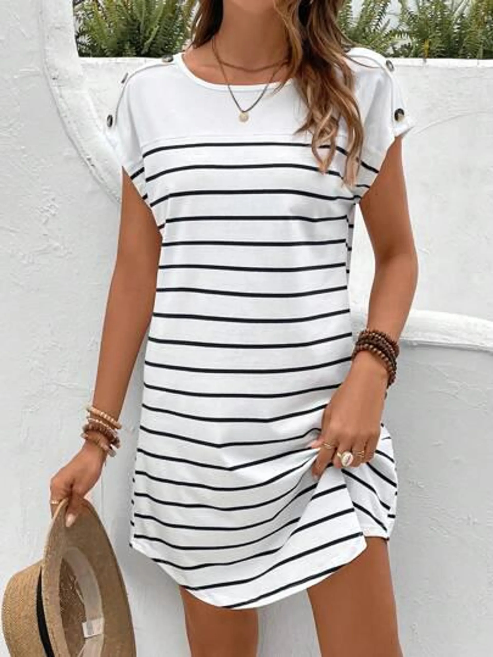 SHEIN Frenchy Striped Print Batwing Sleeve Tee Dress