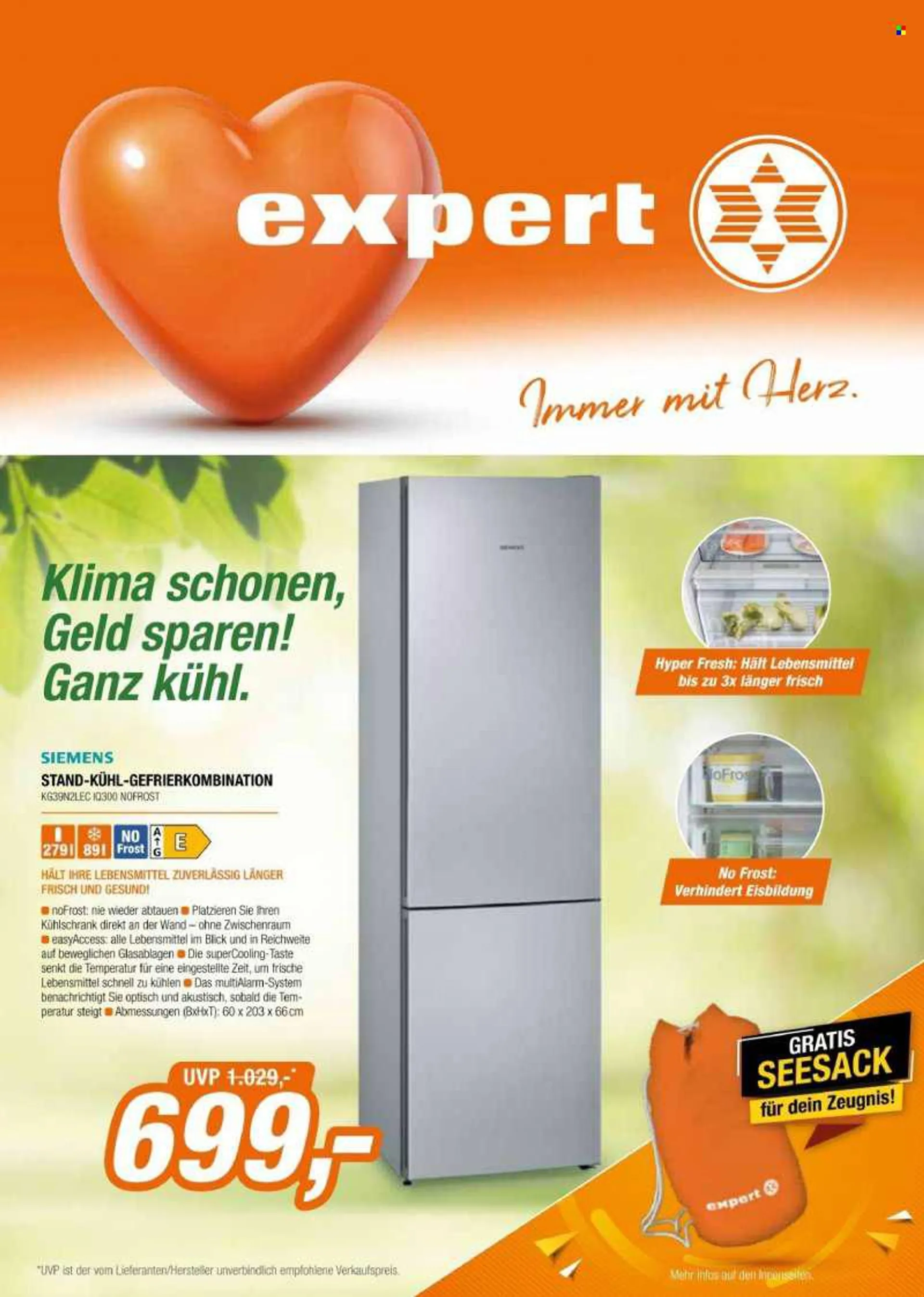 Angebote Expert - 28.6.2022 - 10.7.2022 - Verkaufsprodukte - Siemens, Kühlschrank, Kühl Gefrier Kombi. Seite 1.