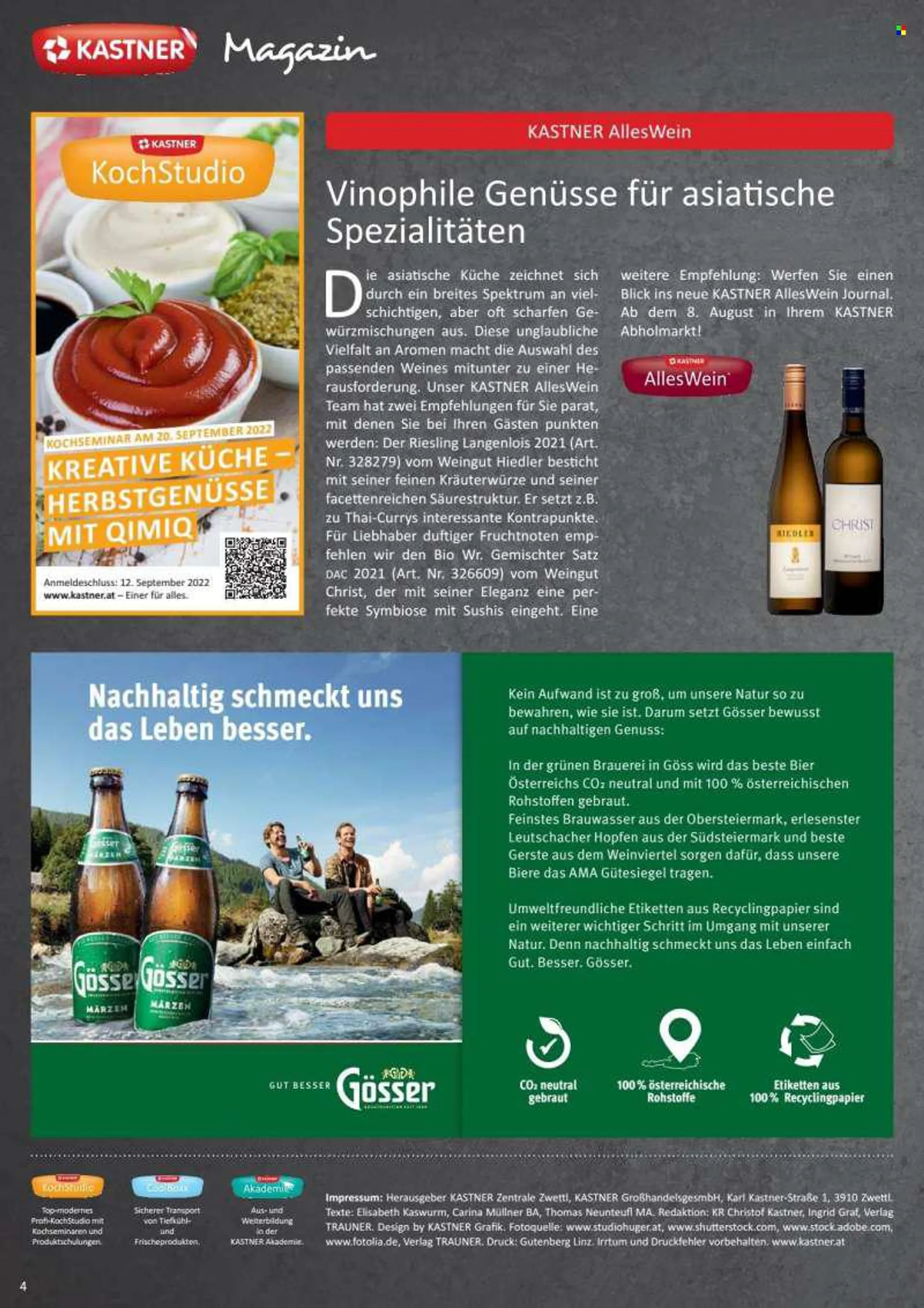 Angebote KASTNER - Verkaufsprodukte - QimiQ, Würzmischung, Wein, Riesling, Alkohol, Gemischter Satz, Bier, Gösser. Seite 4.