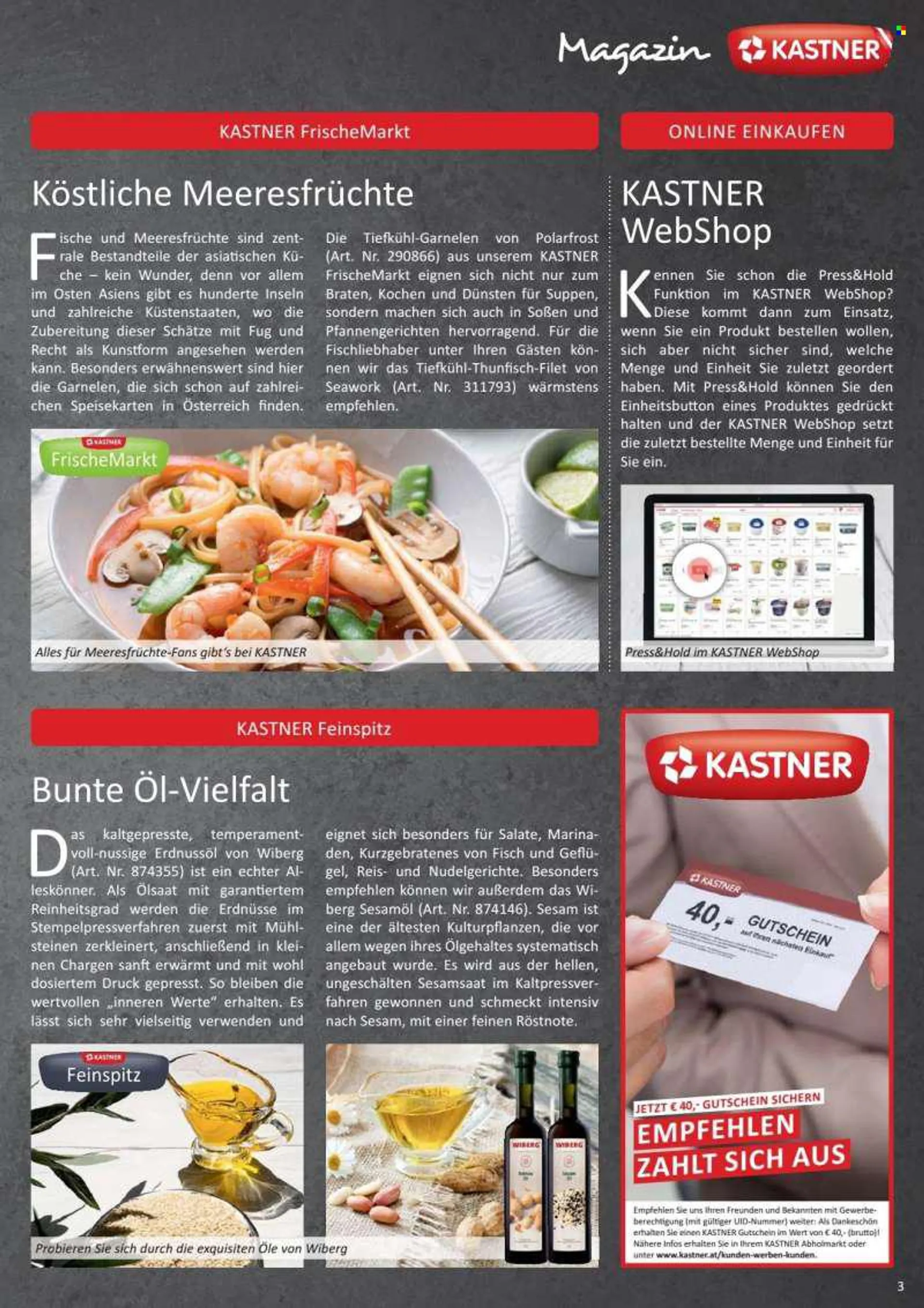 Angebote KASTNER - Verkaufsprodukte - Thunfisch, Garnelen, Meeresfrüchte, Reis, Sesamöl, Erdnüsse. Seite 3.
