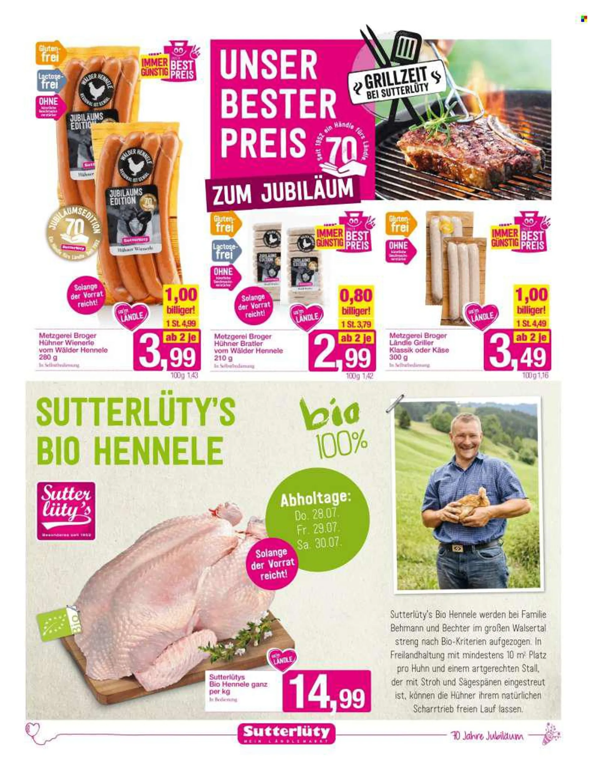 Angebote Sutterlüty - 28.7.2022 - 2.8.2022 - Verkaufsprodukte - frische Hähnchen, Käse. Seite 3.
