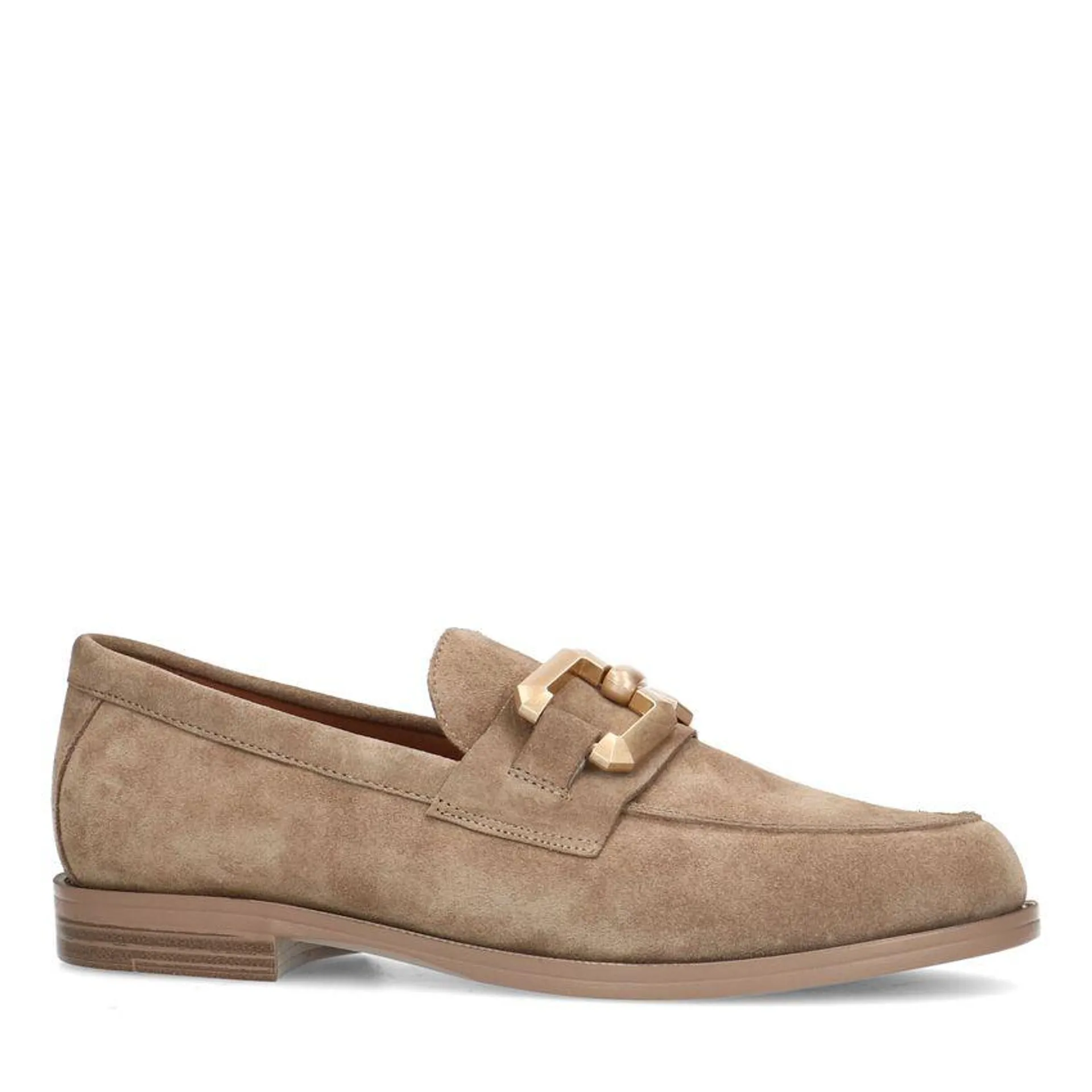 Beige suède loafers met vierkanten chain