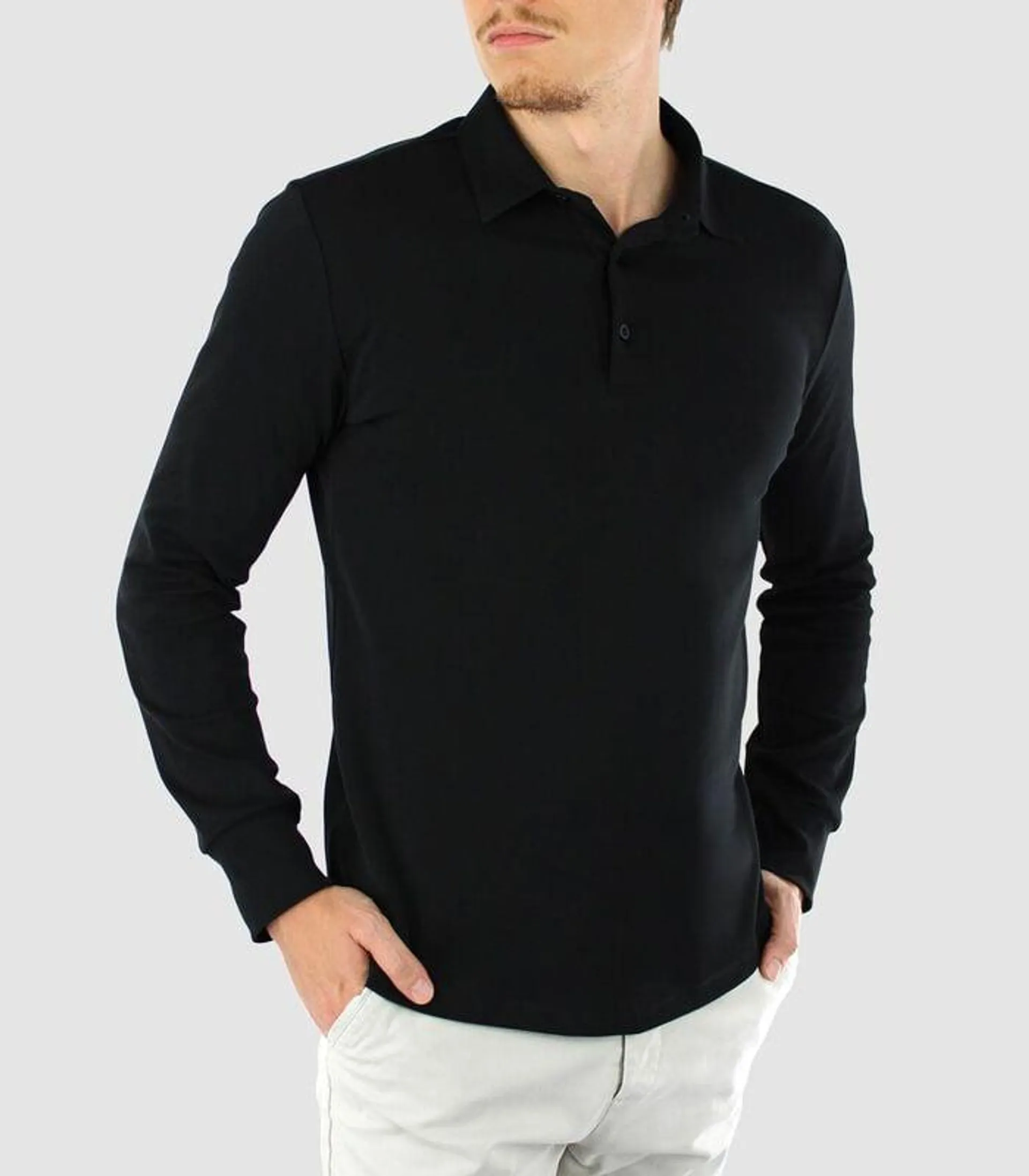 Heren Polo Lange Mouw - Strijkvrij Poloshirt - Zwart - Slim Fit - Excellent Katoen