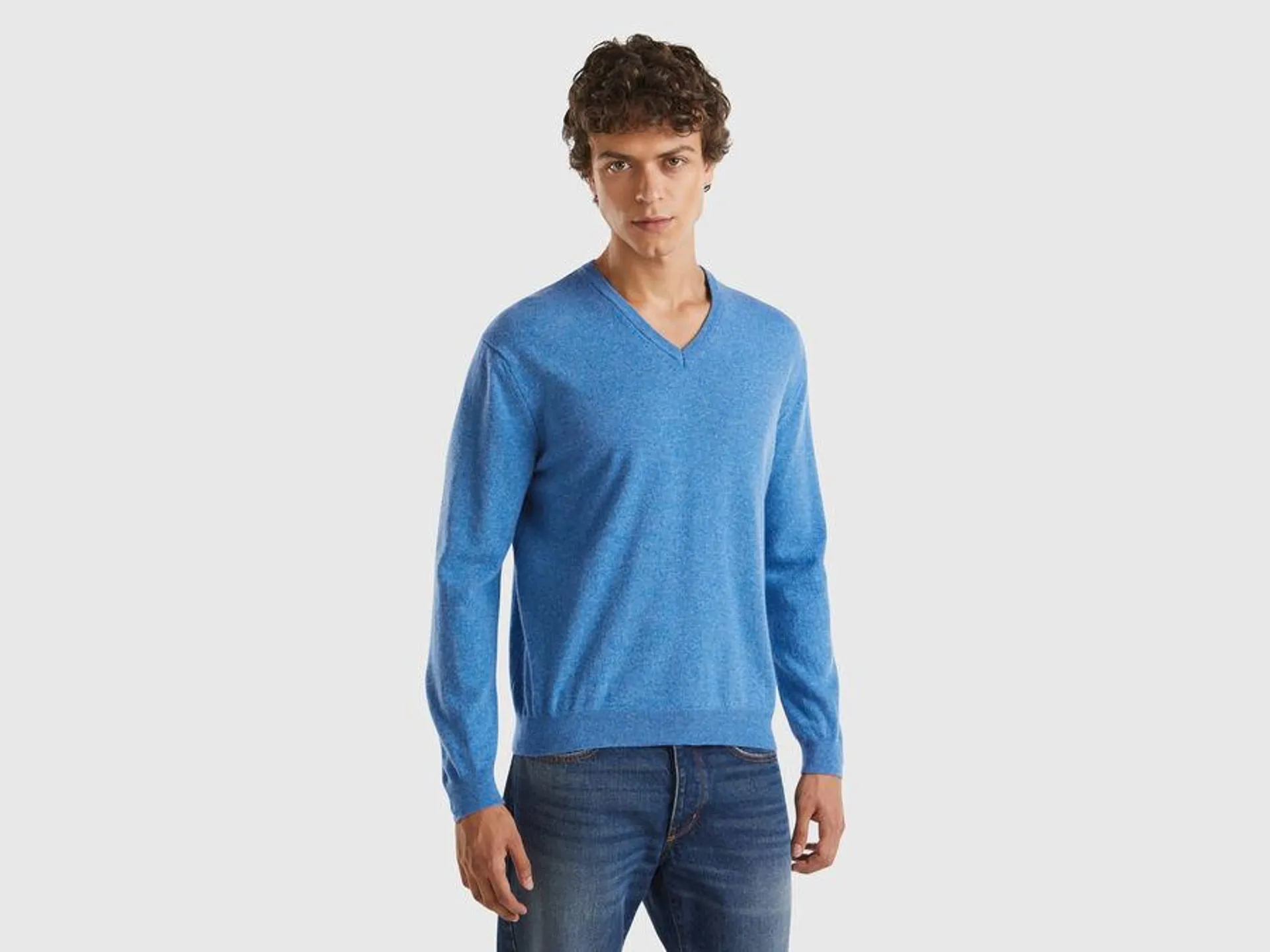 Marl blue V-neck sweater in pure Merino Wool