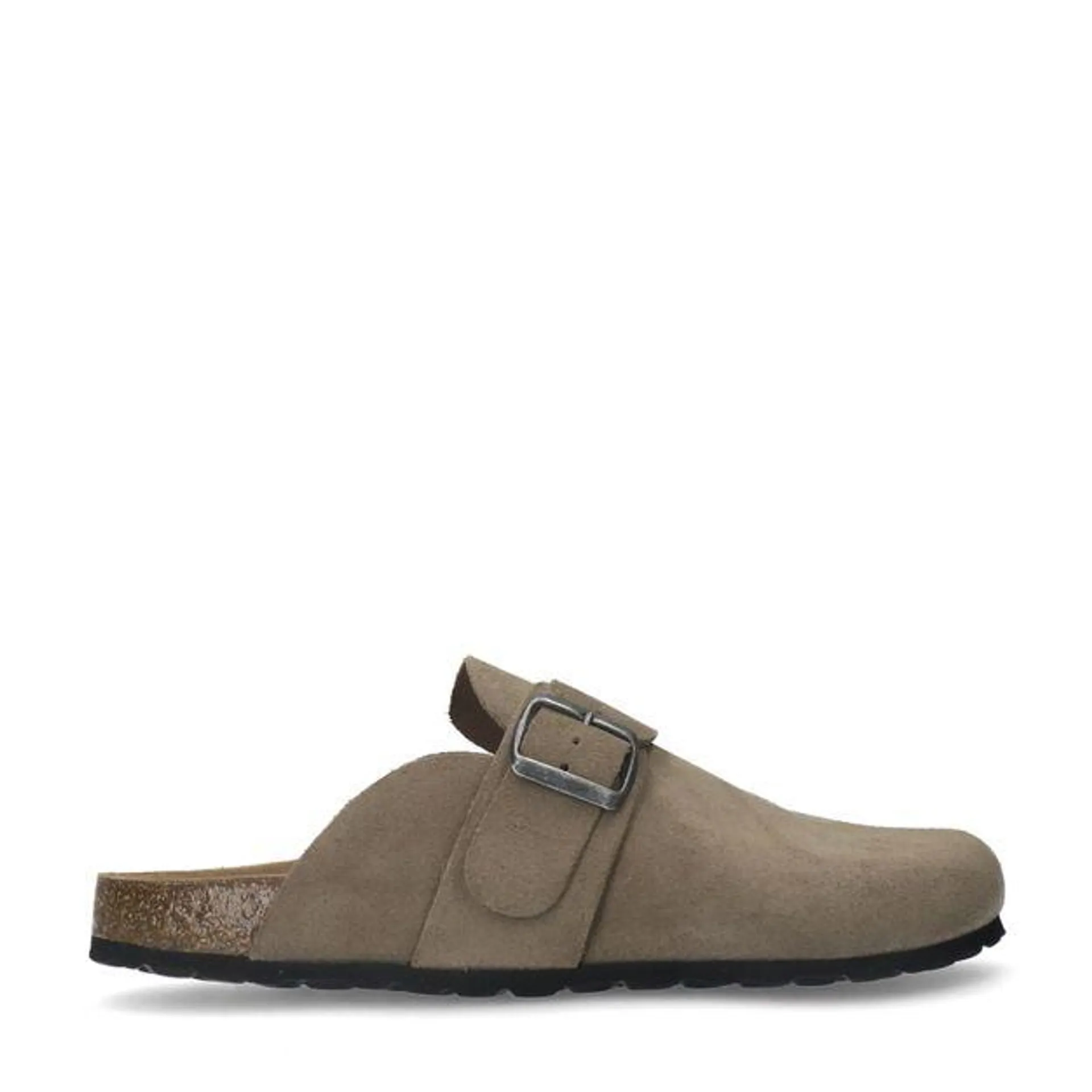 Taupe suède clogs met gesp