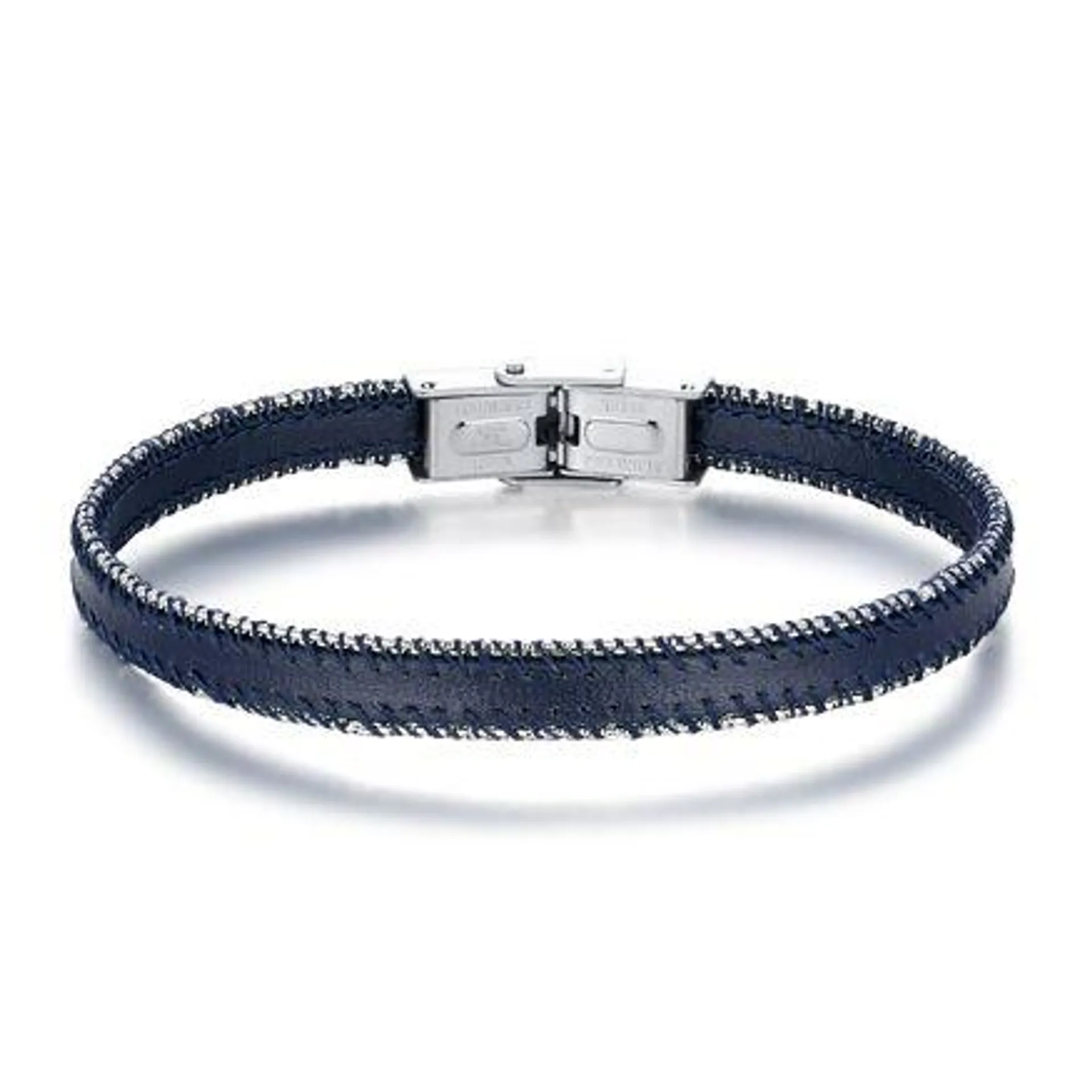 Armband in edelstaal, donkerblauw leer