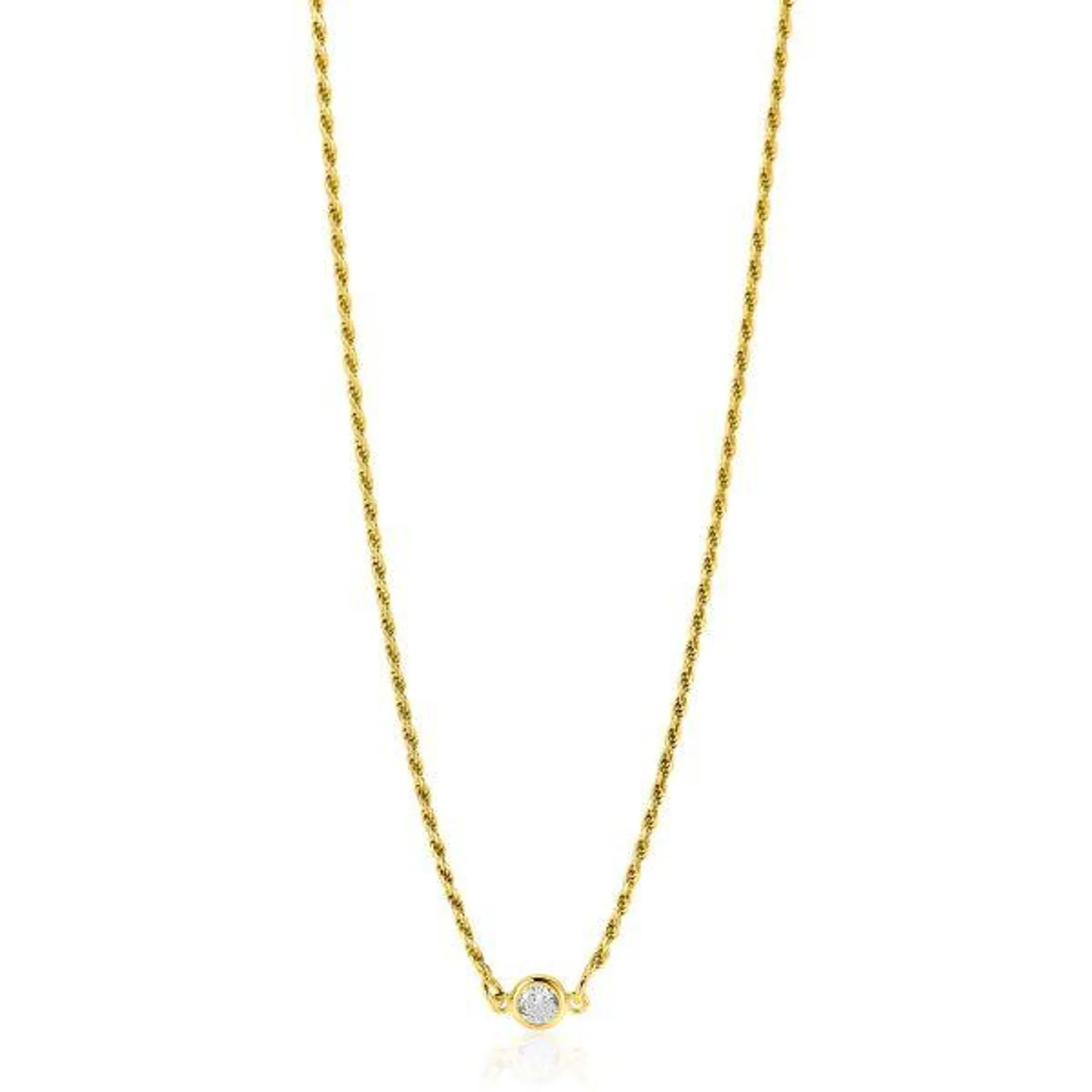 ZINZI gold plated zilveren koord ketting bezet met een ronde witte zirconia 40-45cm ZIC2461Y