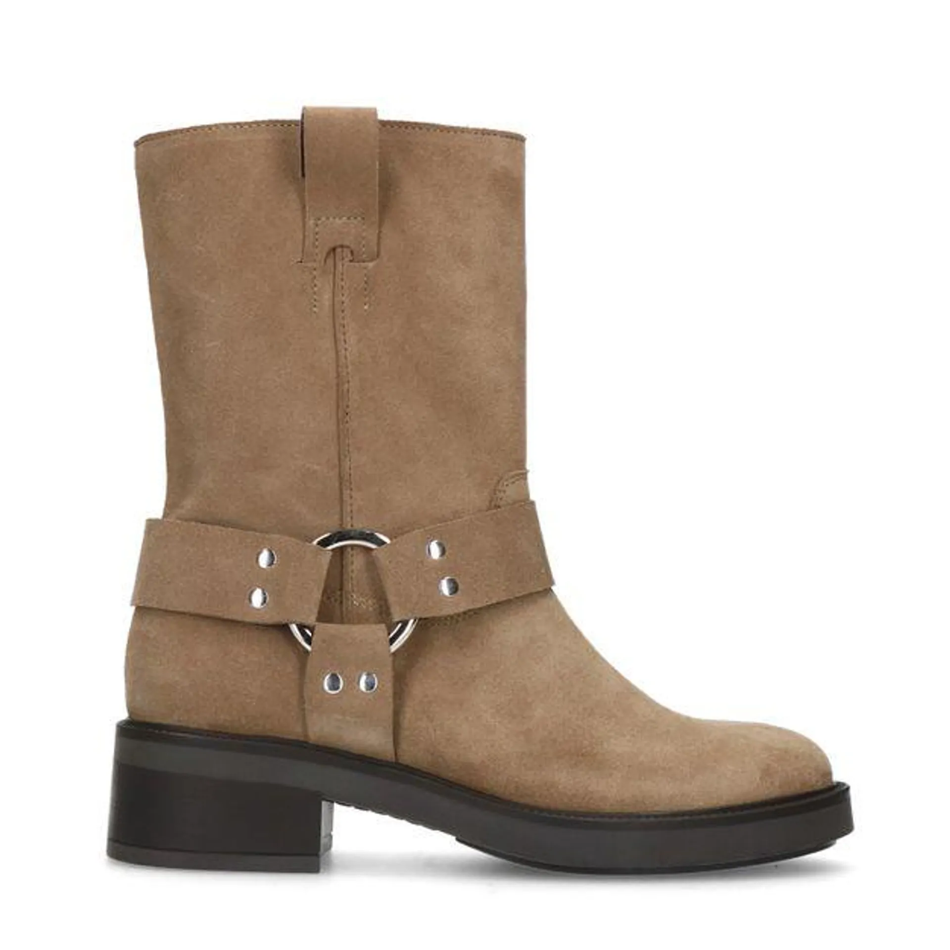 Taupe biker enkelboots met zilverkleurige buckle