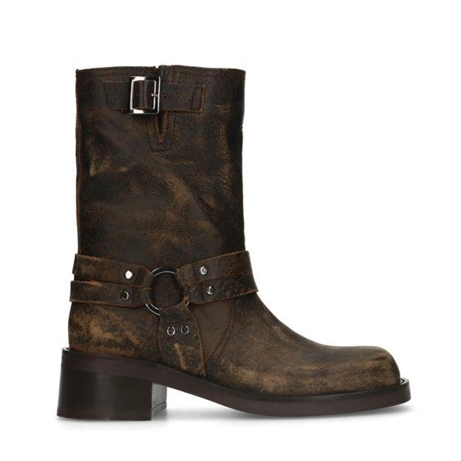 Brownwashed biker enkelboots met zilverkleurige details