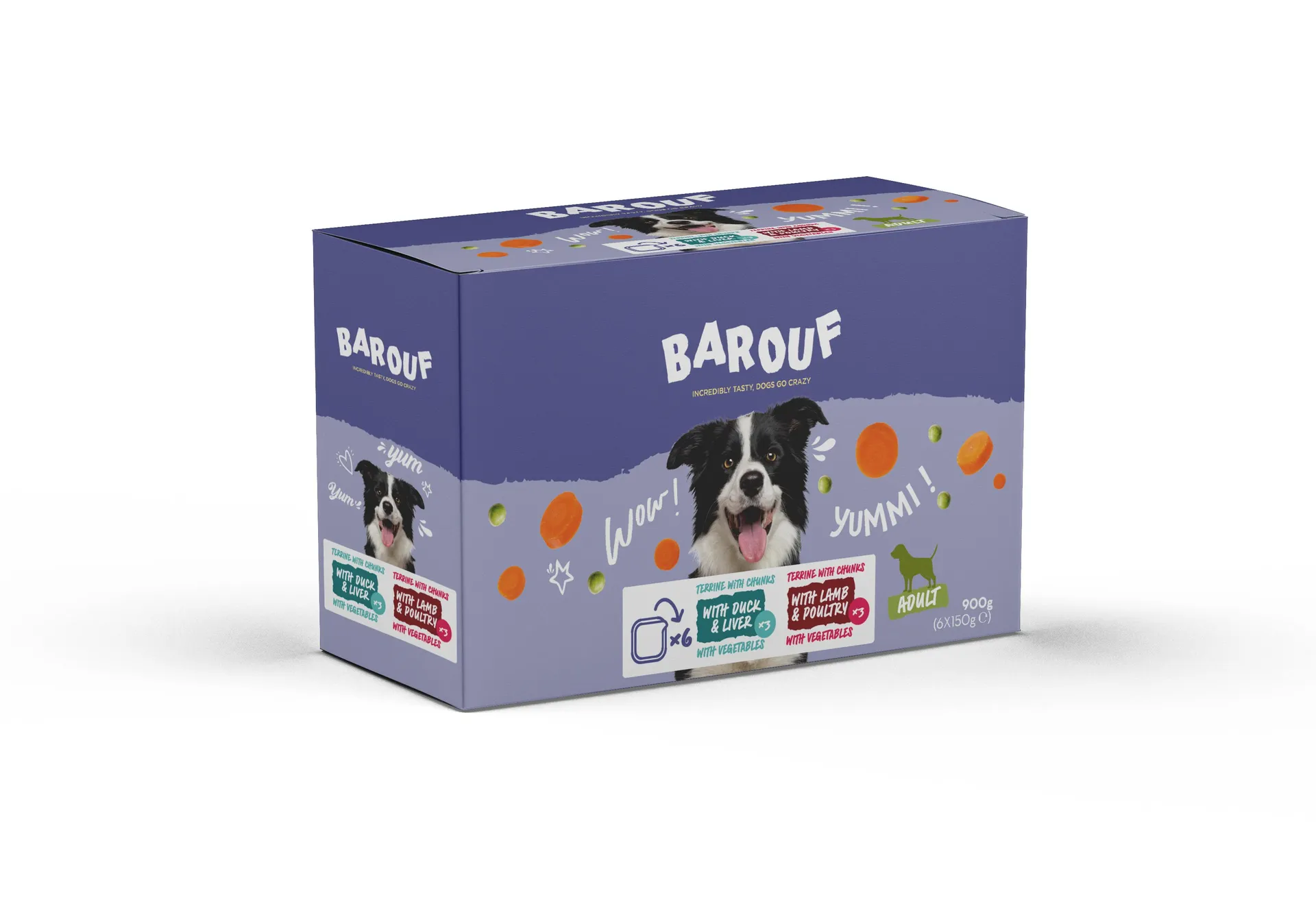 Barouf multipack terrines avec morceaux canard/foie/agneau/volaille pour chien adulte 6x150g