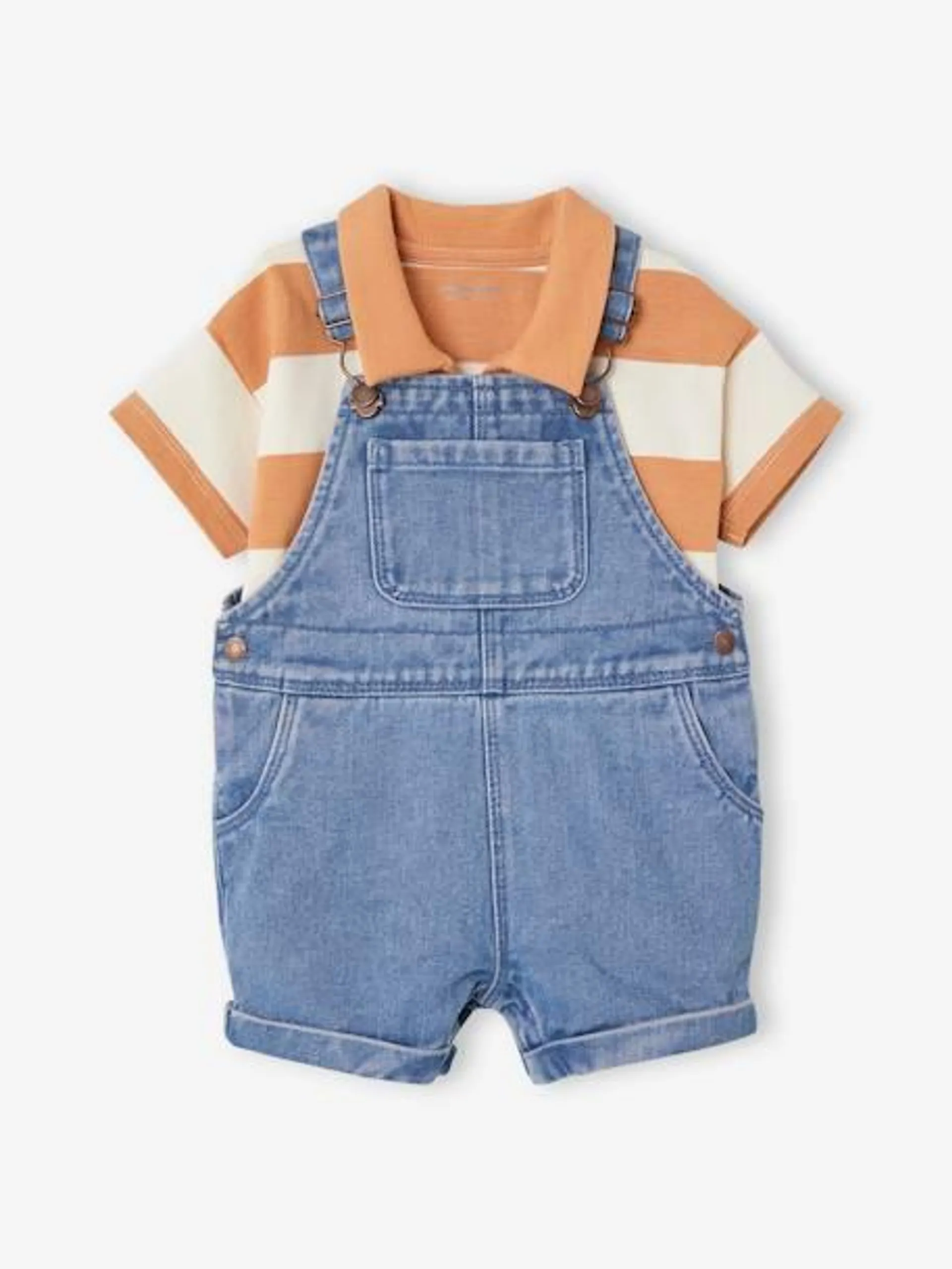 Ensemble bébé salopette courte en denim et son polo rayé - pêche