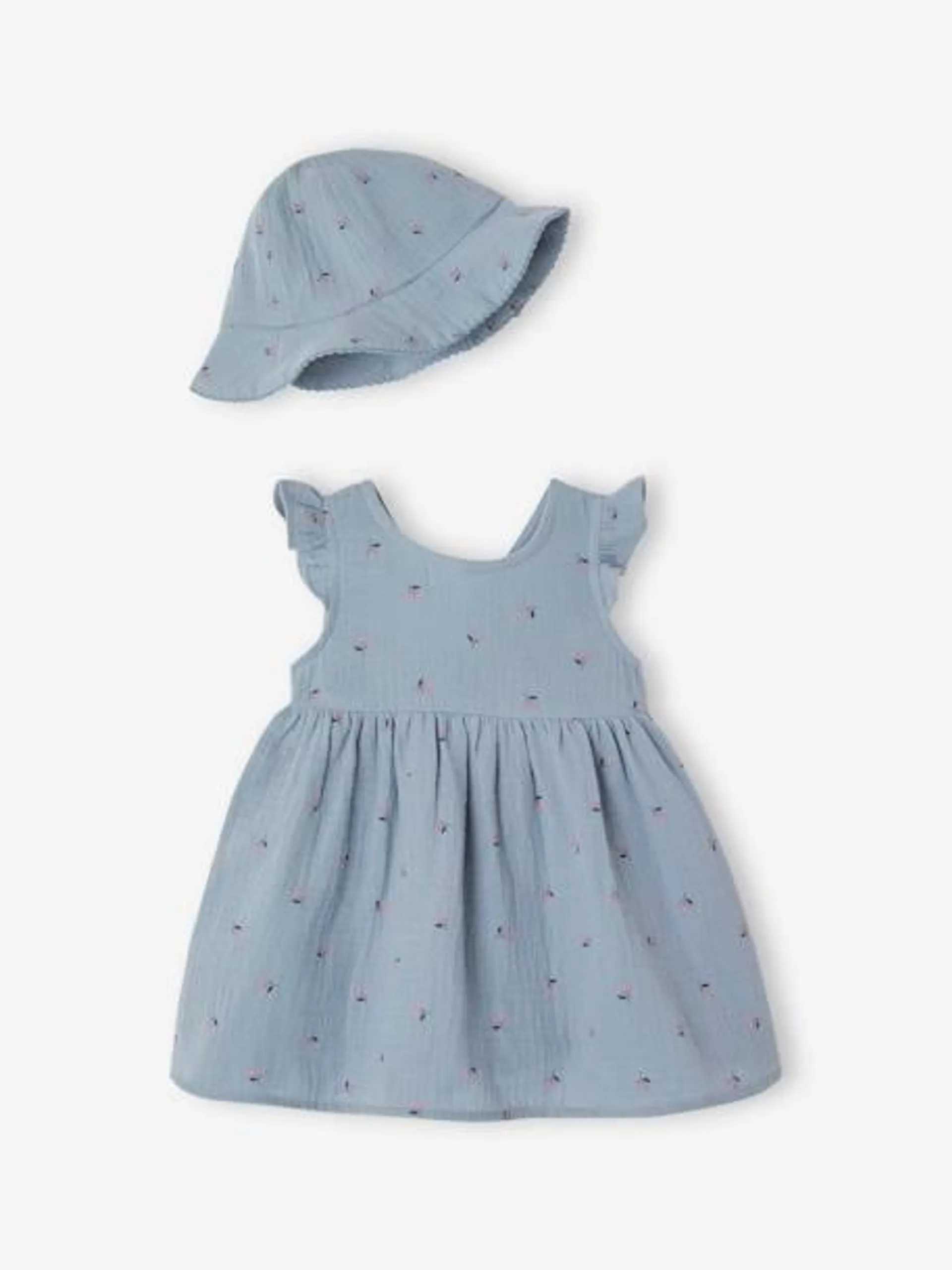 Ensemble robe et bob naissance en gaze de coton