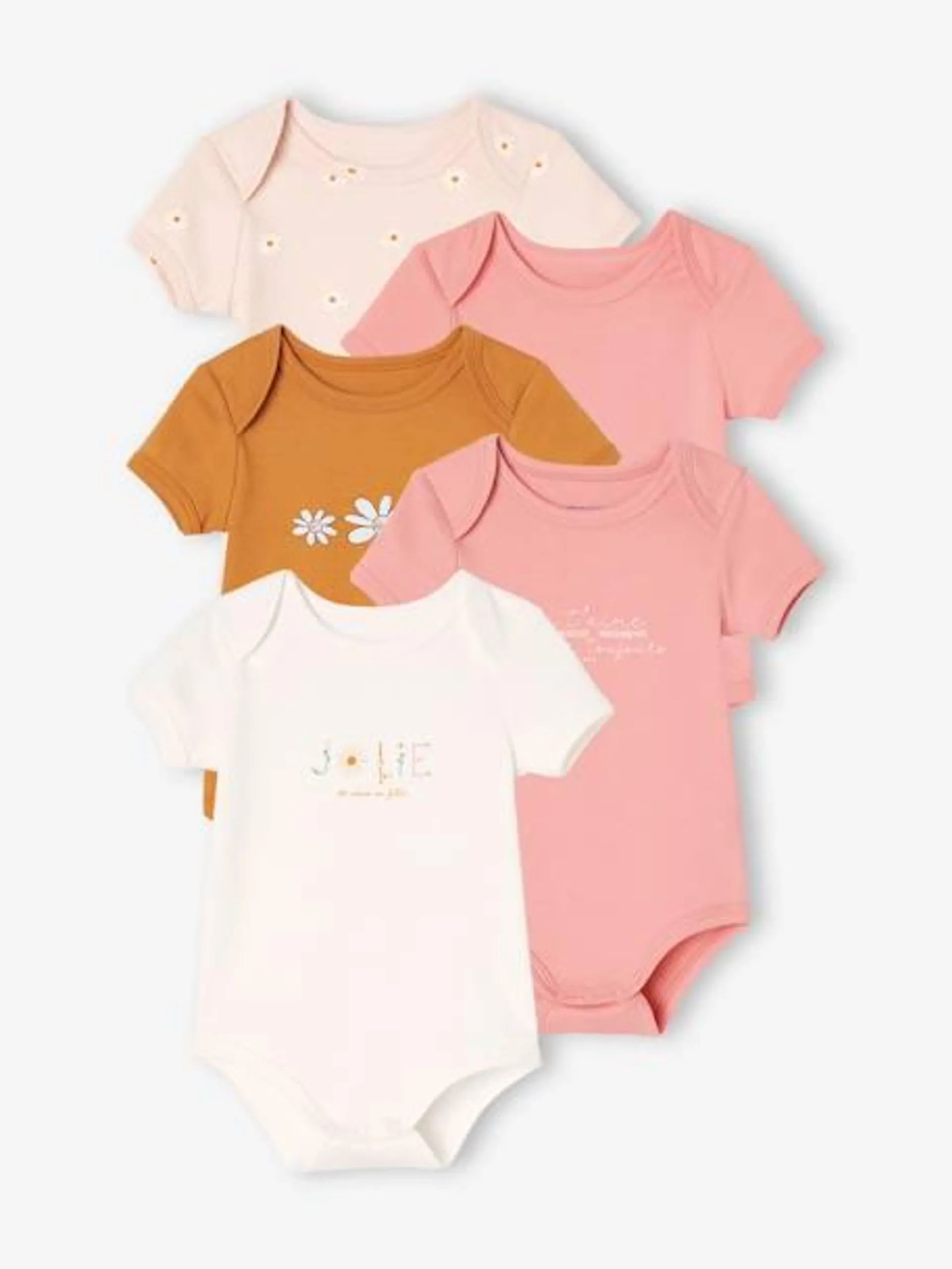 Lot de 5 bodies marguerites manches courtes bébé ouverture US - rose pâle