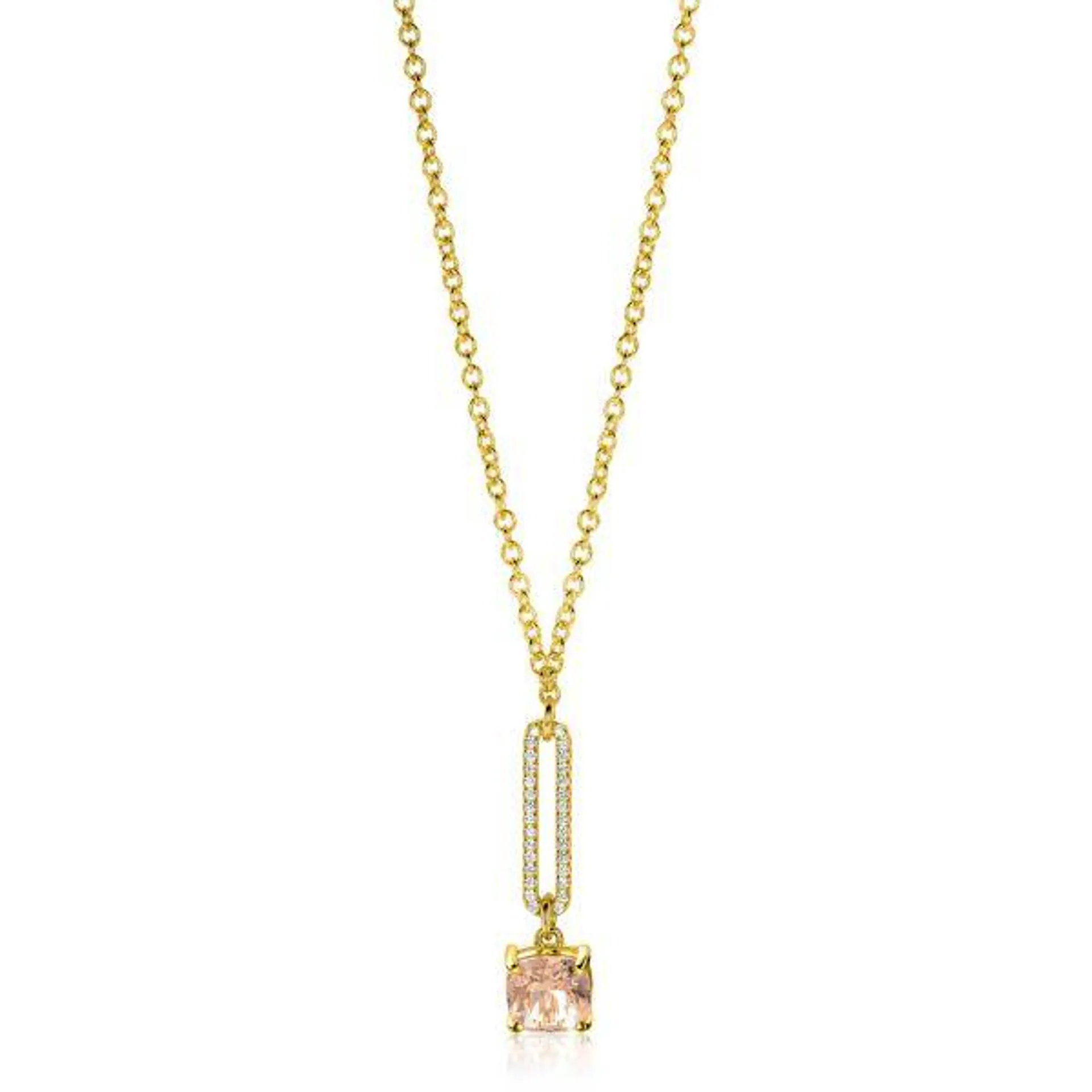 ZINZI gold plated zilveren jasseron ketting met schitterende open ovale vorm en vierkante hanger in licht roze 42-45cm ZIC2579