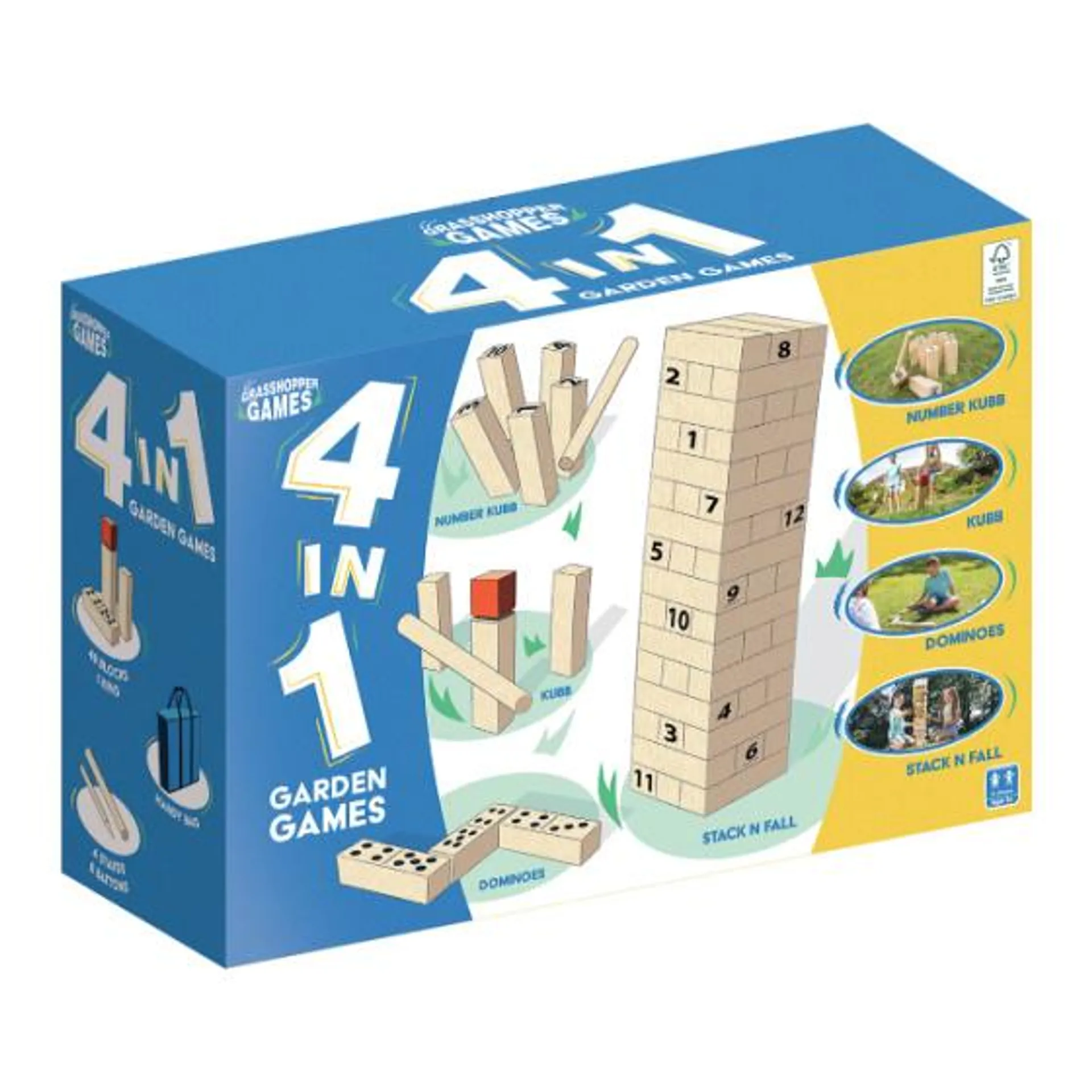 Grasshopper 4-in-1 Houten Garden Games Kubb/Domino/Jenga