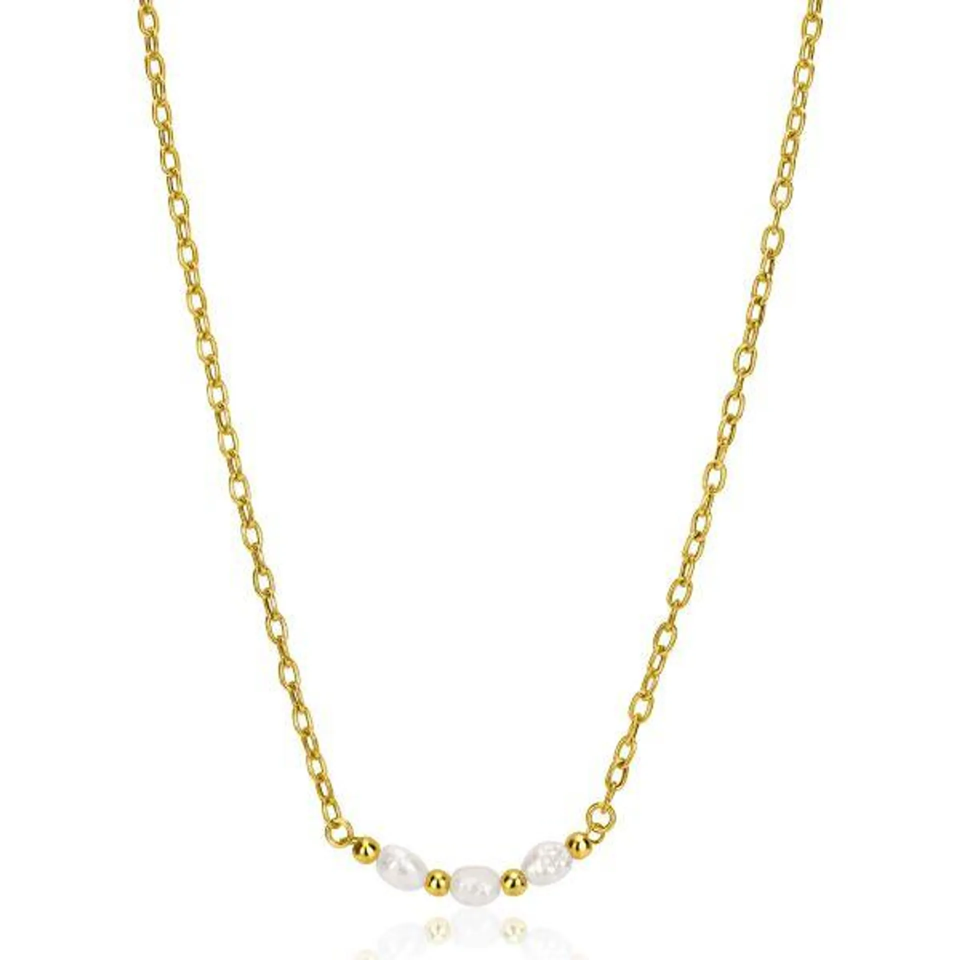 ZINZI gold plated zilveren schakelketting met drie witte natuurlijk gevormde zoetwaterparels in het midden 42-45cm ZIC2643