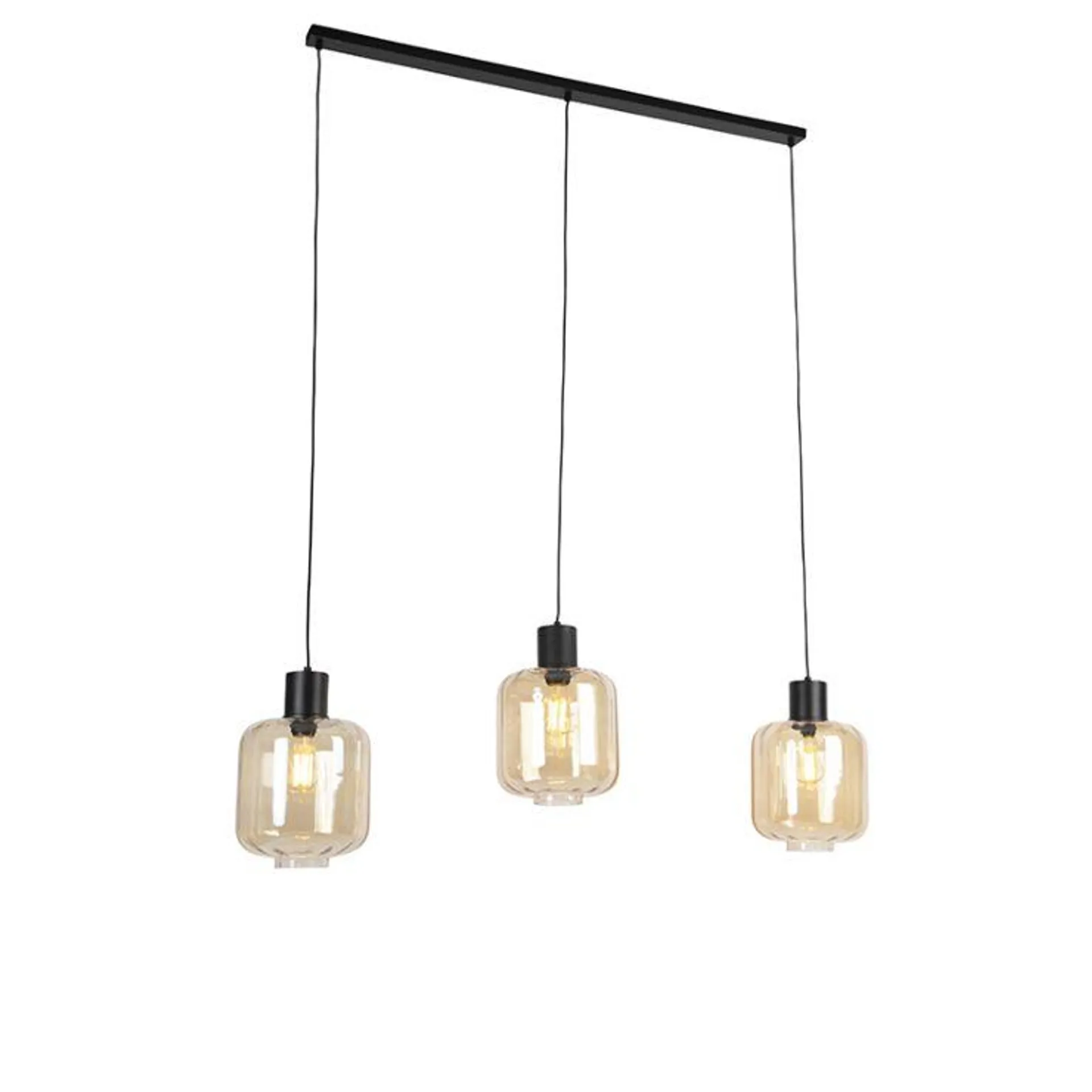 Design hanglamp zwart met amber glas 3-lichts 161,5 cm - Qara