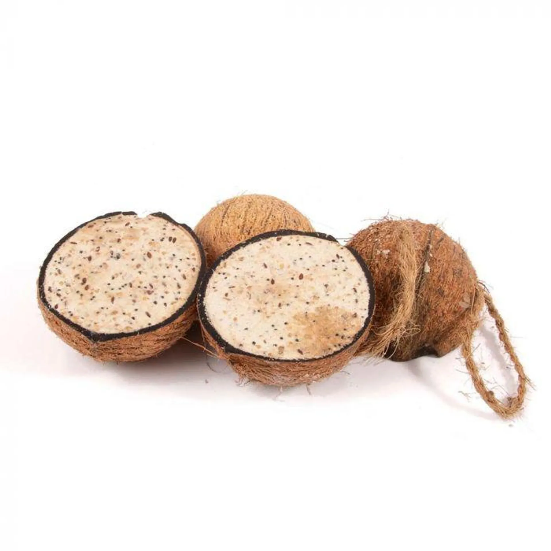 4 halve kokosnoten met meelwormen