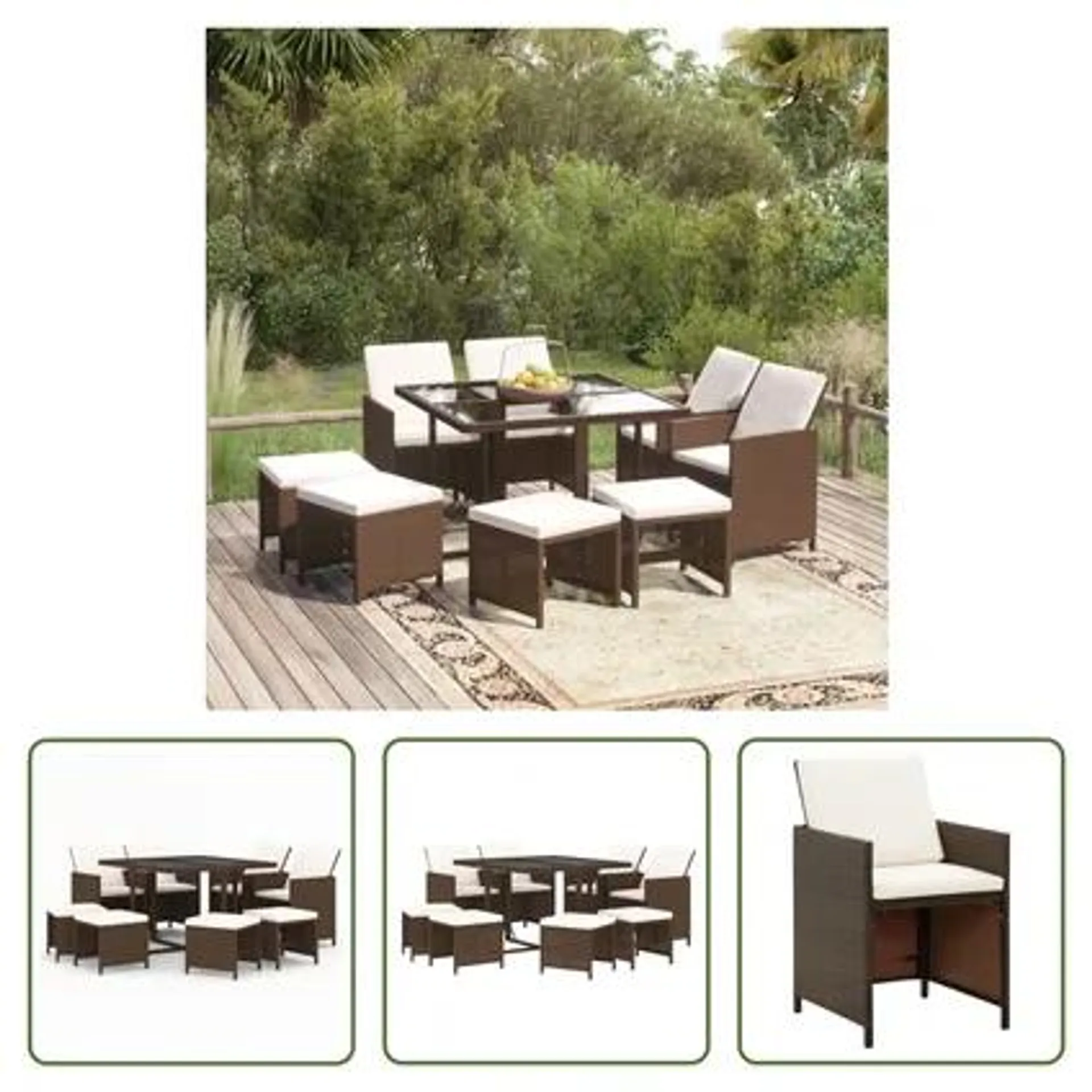 vidaXL Meubles à dîner de jardin et coussins 9 pcs Poly rotin Marron