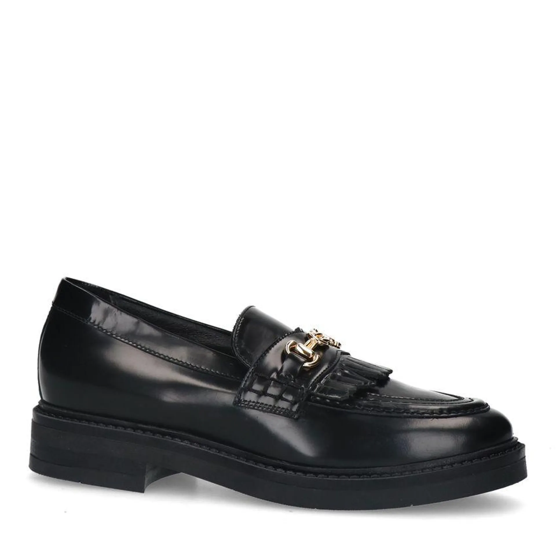 Zwarte leren loafers met goudkleurige chain