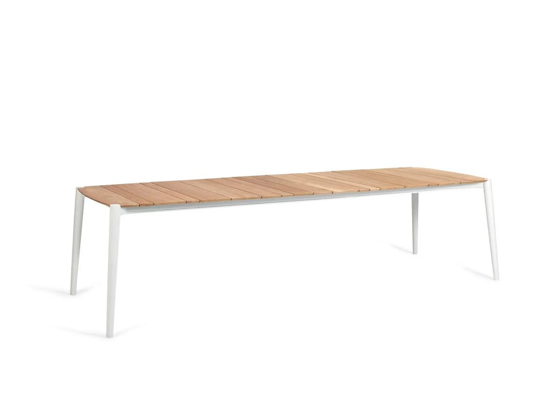 Icon tafel 292x104cm met teak tafelblad en white mat aluminium onderstel