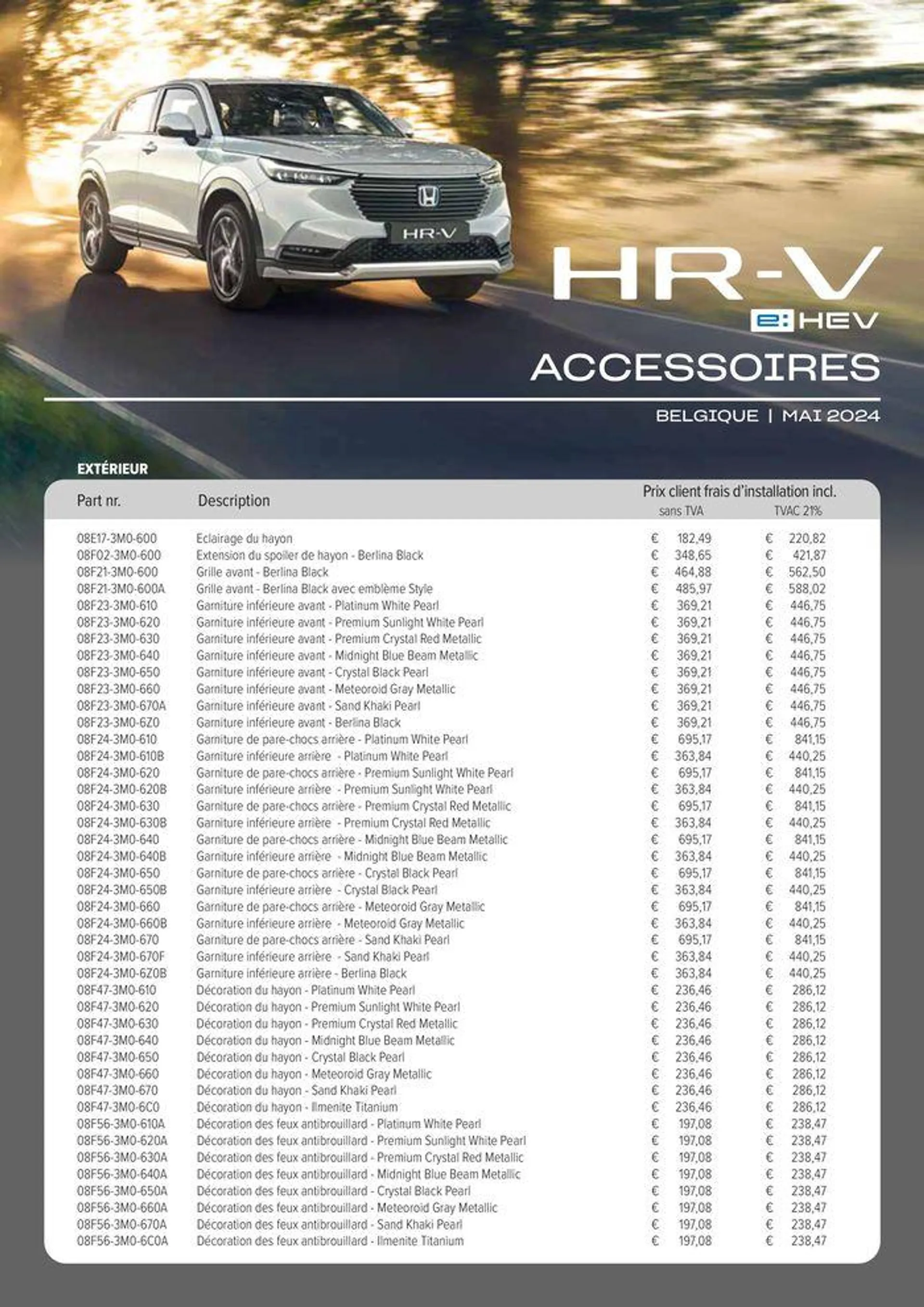 Honda HR-V e:HEV — Liste de prix des accessoires - 1