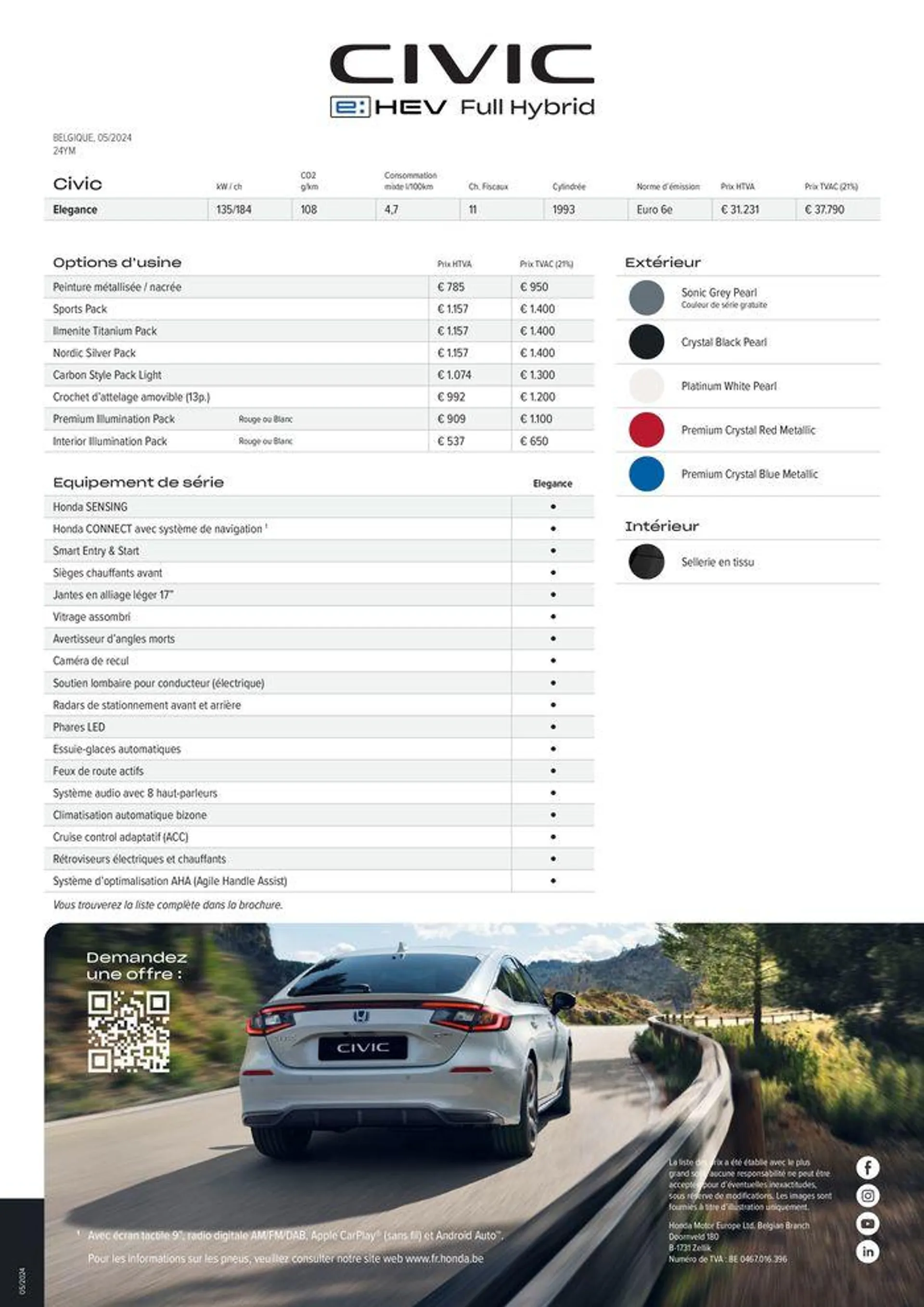 Honda Civic e:HEV — Liste de prix van 10 juni tot 31 december 2024 - folder pagina 2