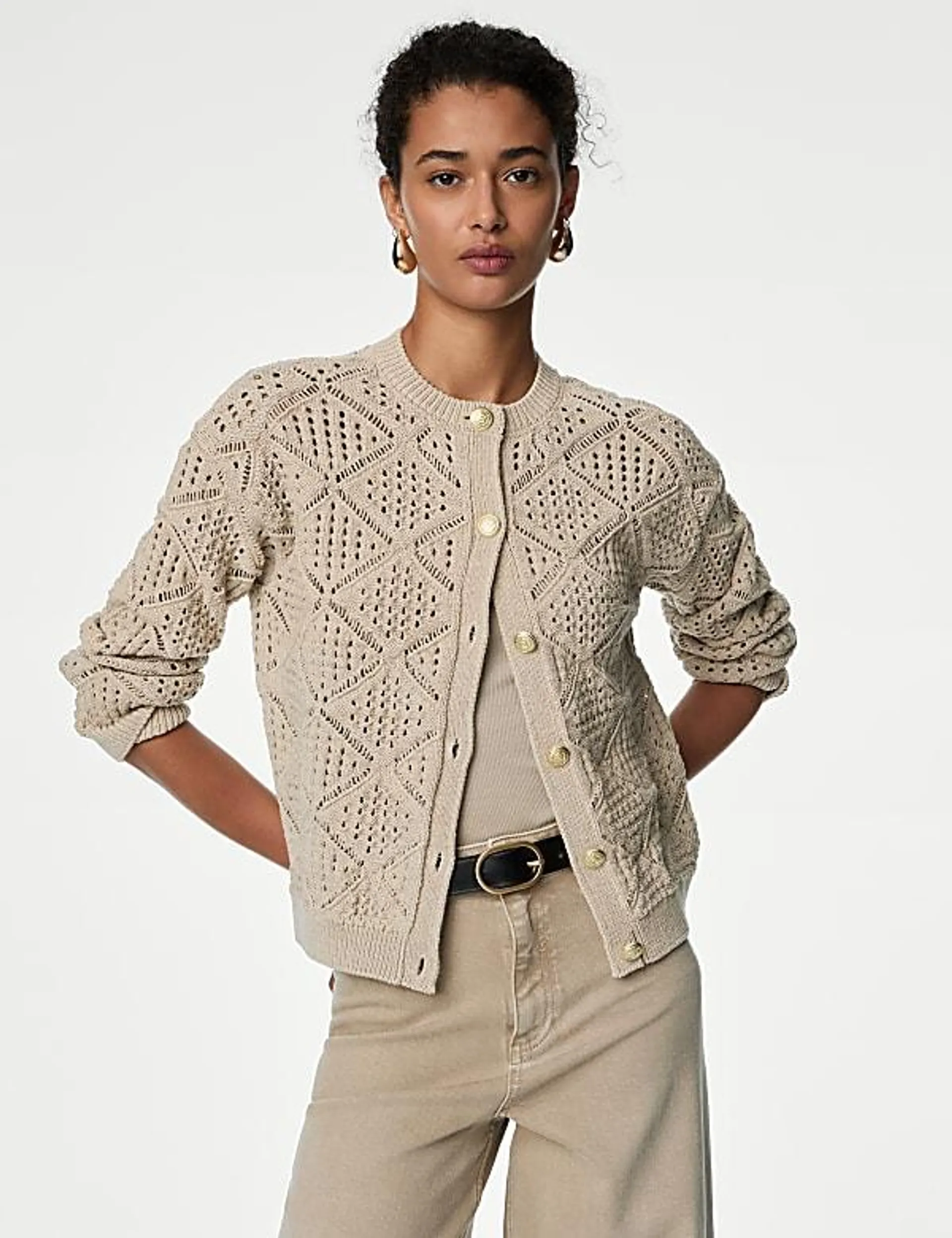 Pointelle Knitted Cardigan with Cotton