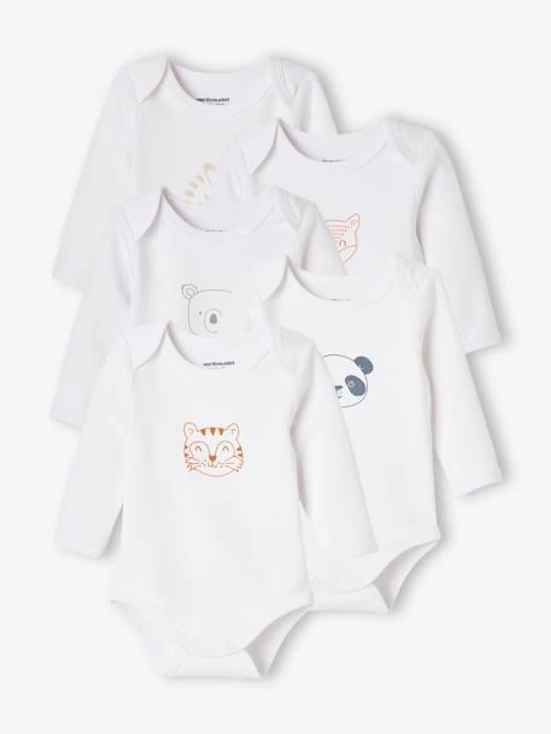 Lot de 5 bodies « animaux » bébé naissance ouverture US manches longues BASICS - lot ivoire