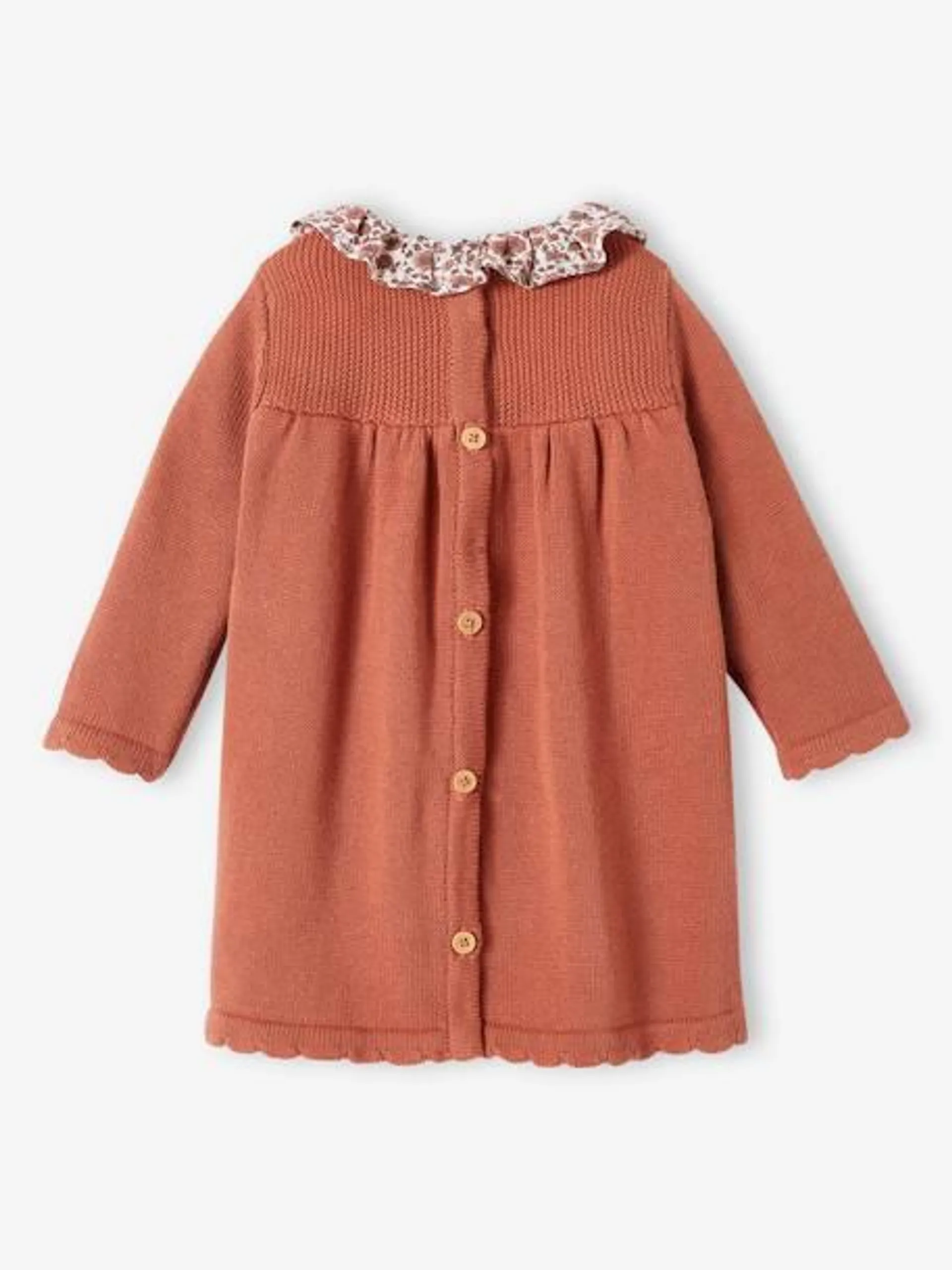 Robe en tricot bébé col en tissu fleuri - rouille