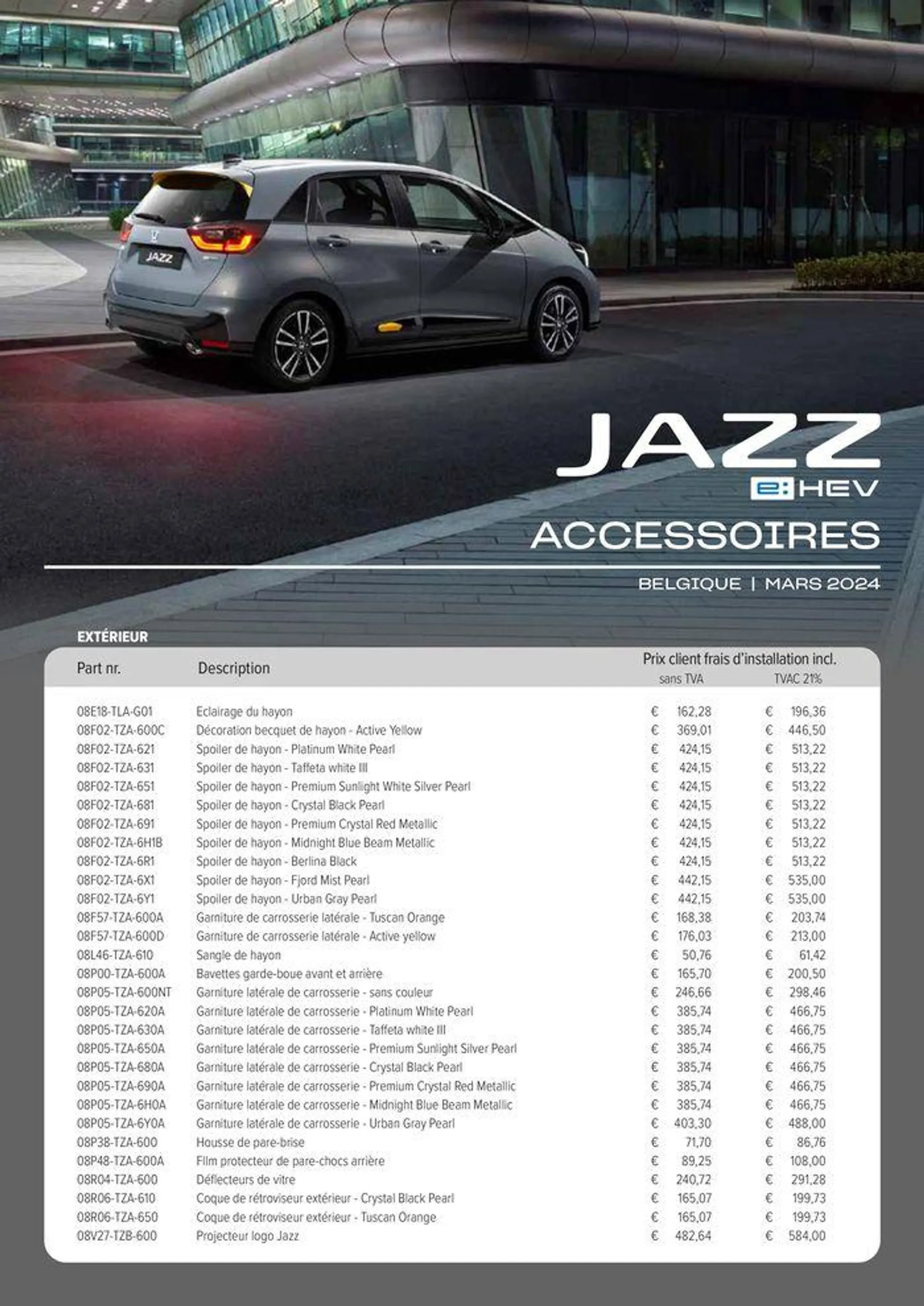 Honda Jazz e:HEV — Liste de prix des accessoires - 1