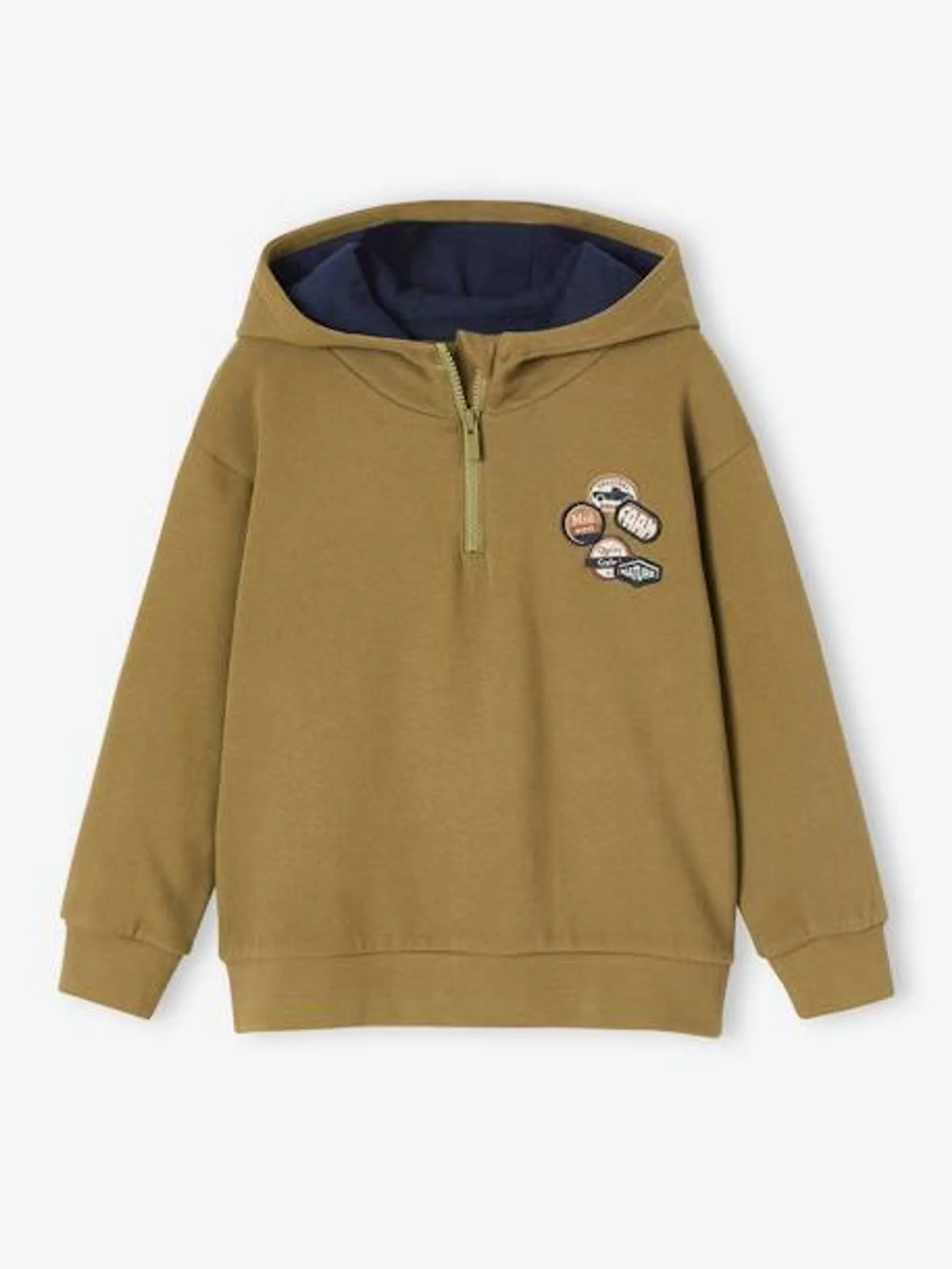 Sweat capuche montante animation badges garçon - olive