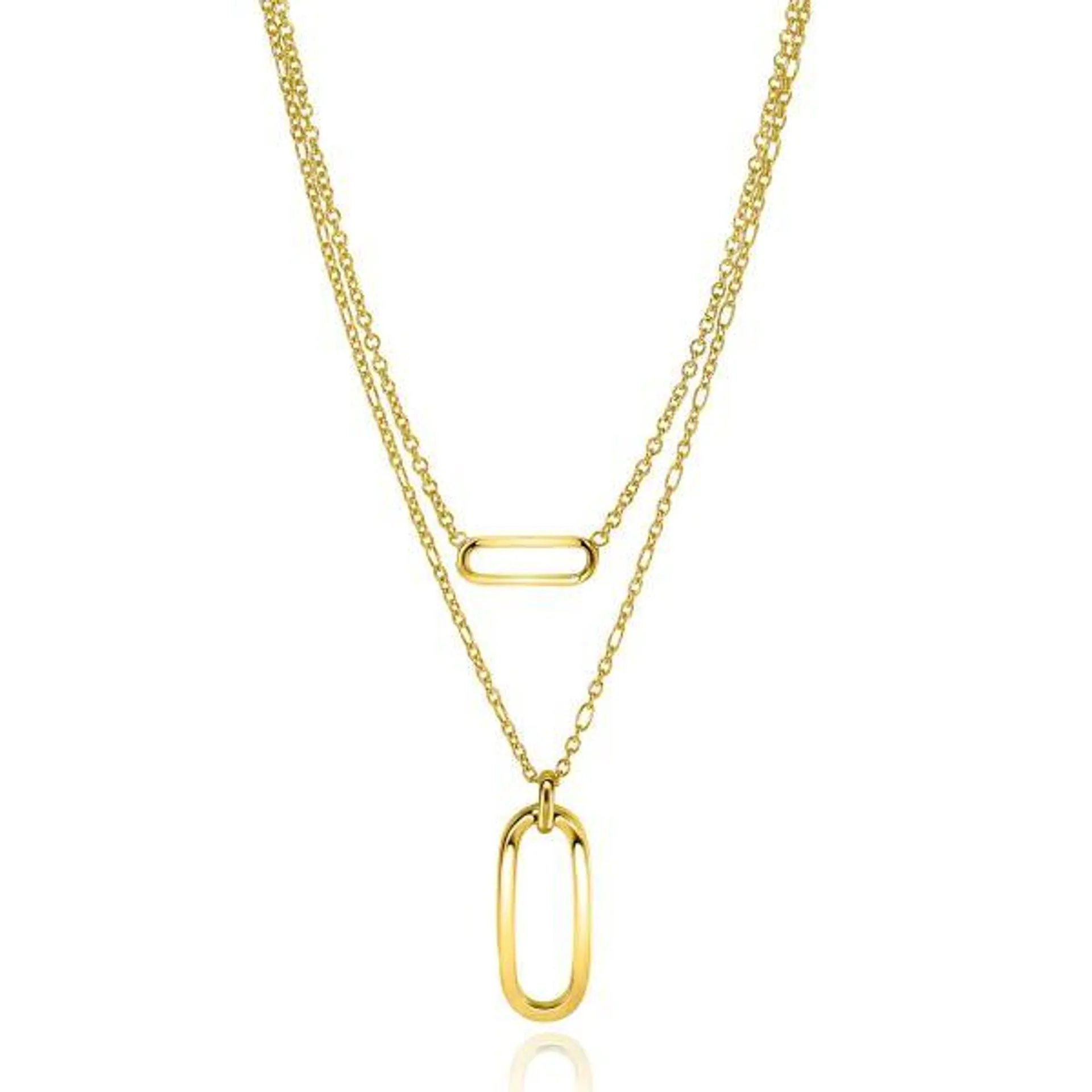 ZINZI gold plated zilveren multilook ketting 43cm met figaro en jasseron schakels en open ovale hangers ZIC2534G