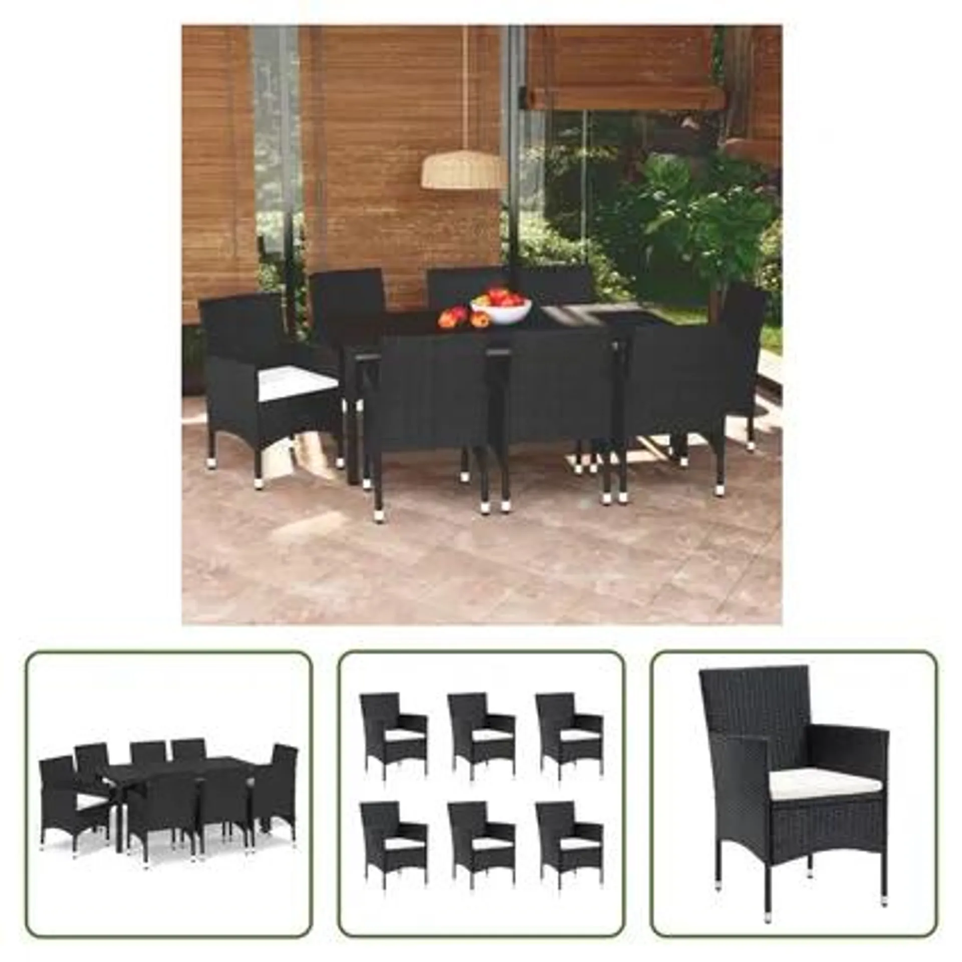 vidaXL Mobilier à dîner de jardin et coussins 9pcs Résine tressée Noir