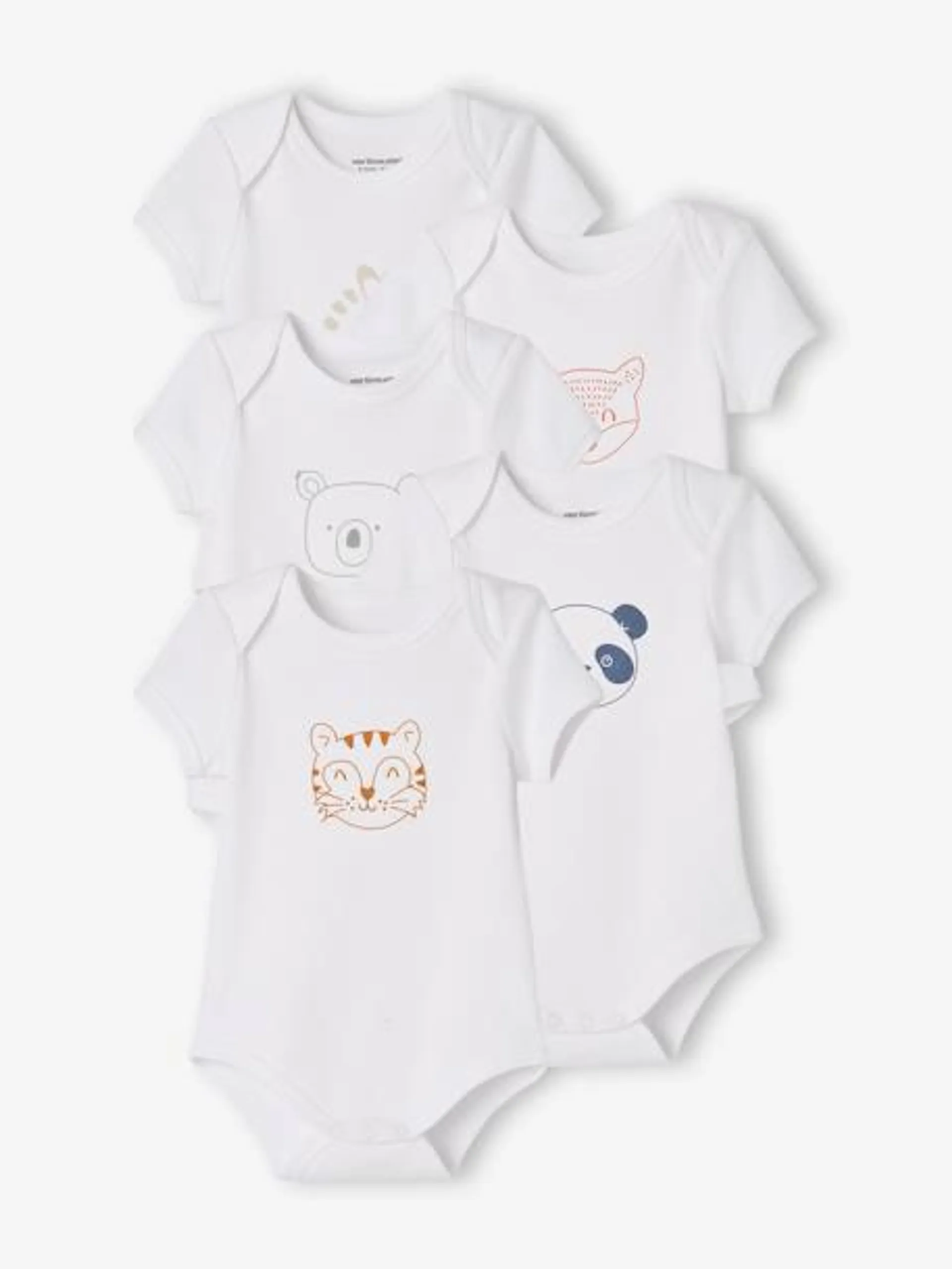 Lot de 5 bodies « animaux » bébé naissance ouverture US manches courtes BASICS - lot blanc