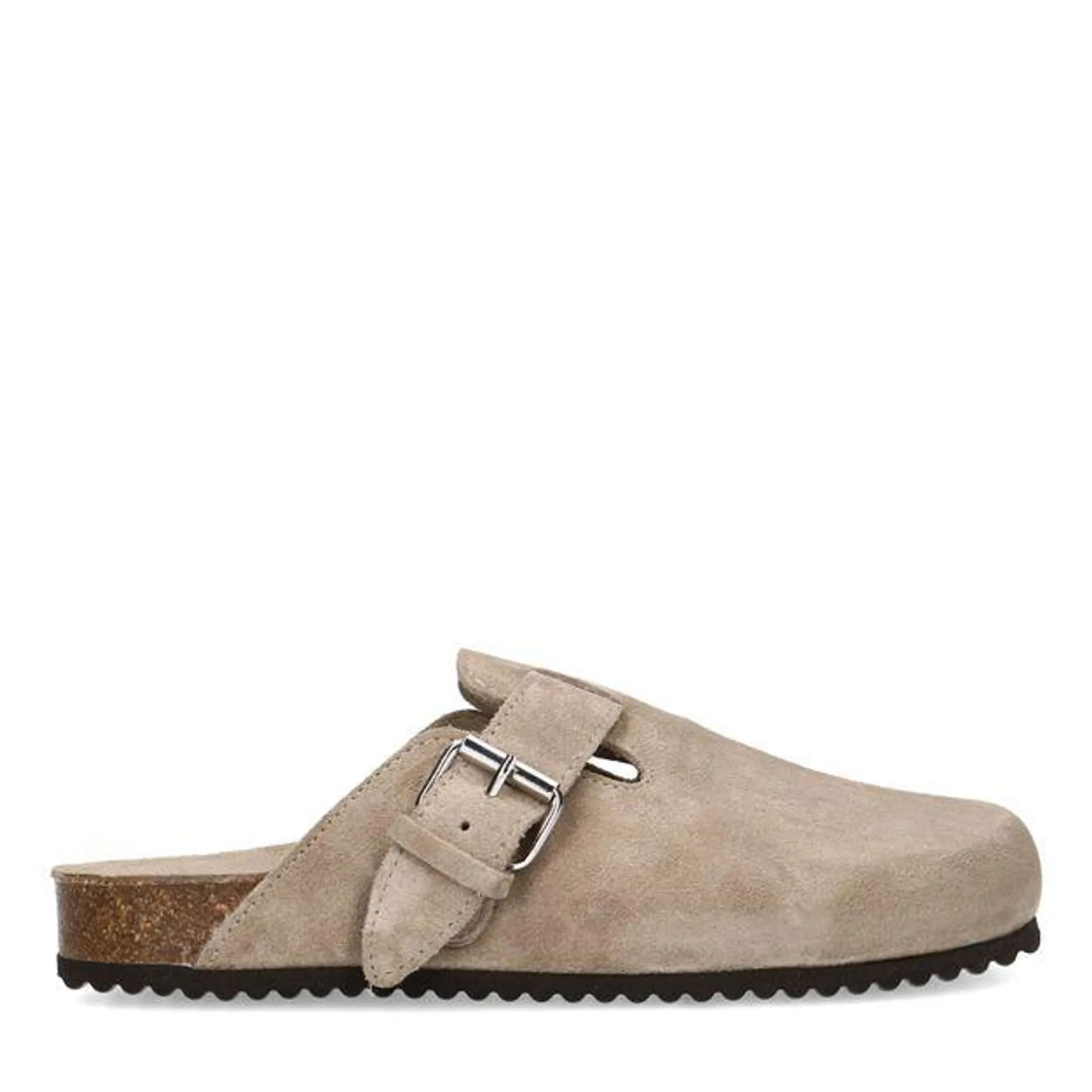 Taupe suède clogs met gesp