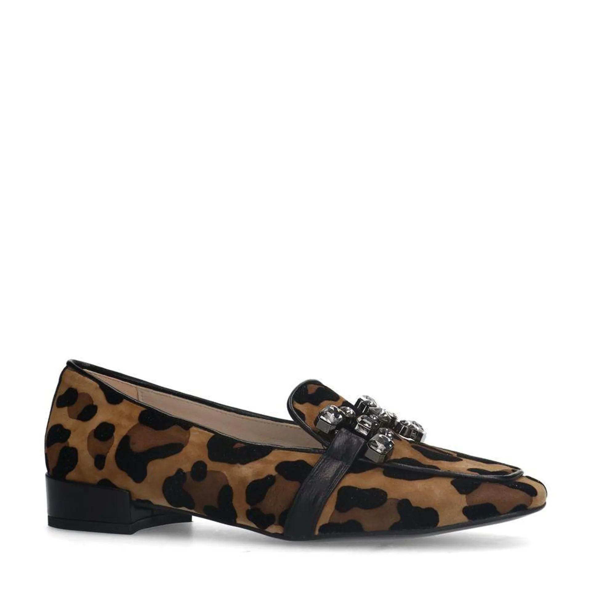 Suède leopard loafers met chain