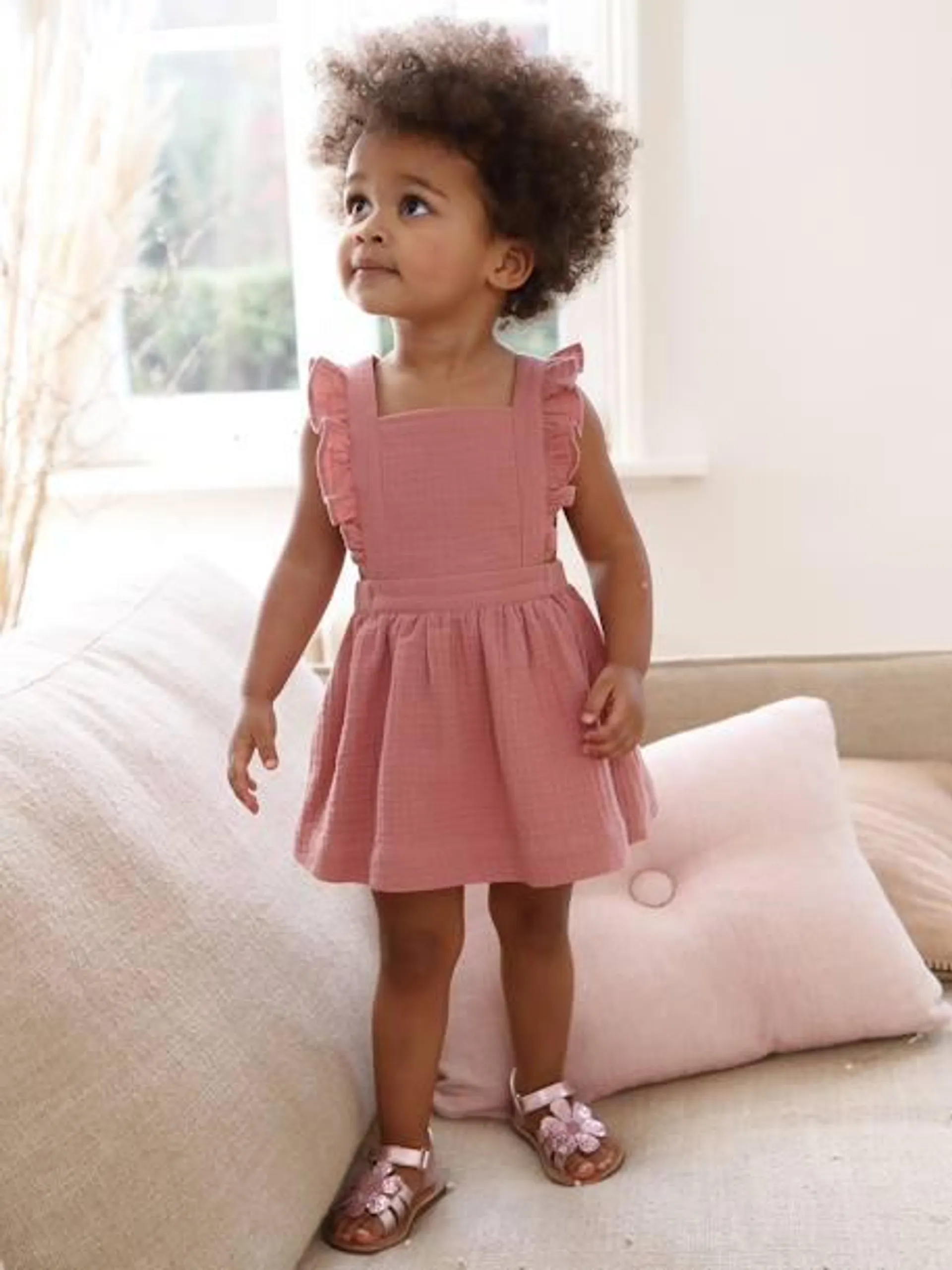 Robe-salopette en gaze de coton bébé - vieux rose