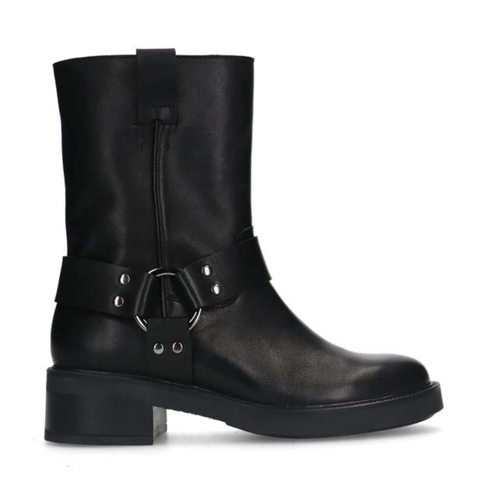 Zwarte biker enkelboots met zilverkleurige buckle