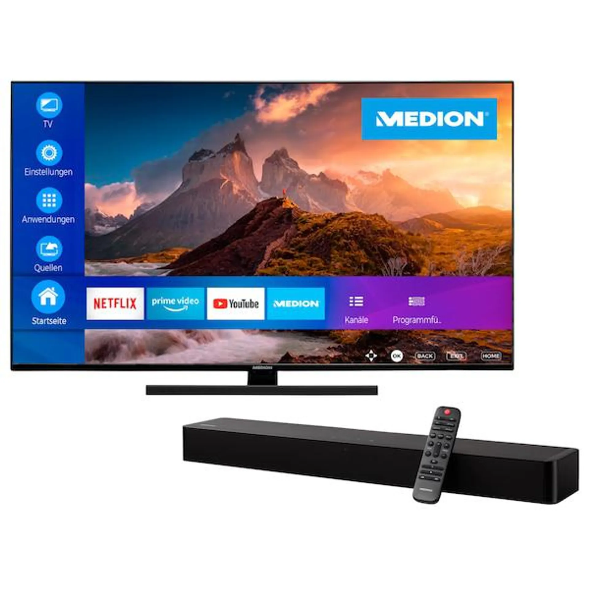 MEDION® BundelDEAL ! LIFE® X15040 (MD 30606) QLED Smart-TV | 125,7 cm (50'') Ultra HD-scherm & Soundbar MEDION® LIFE® P61155 (MD44055)