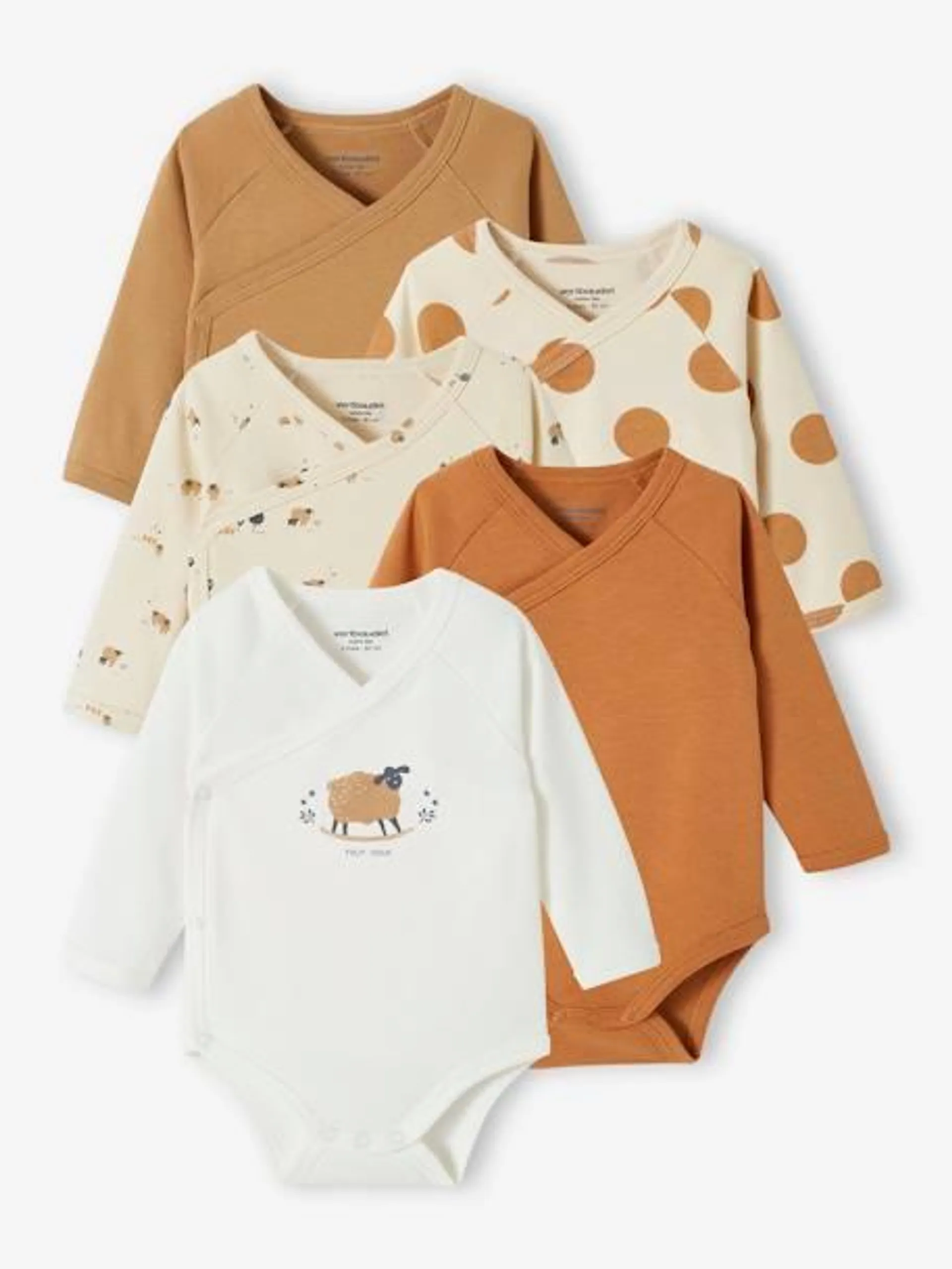 Lot de 5 bodies ouverture naissance bébé en coton biologique - taupe