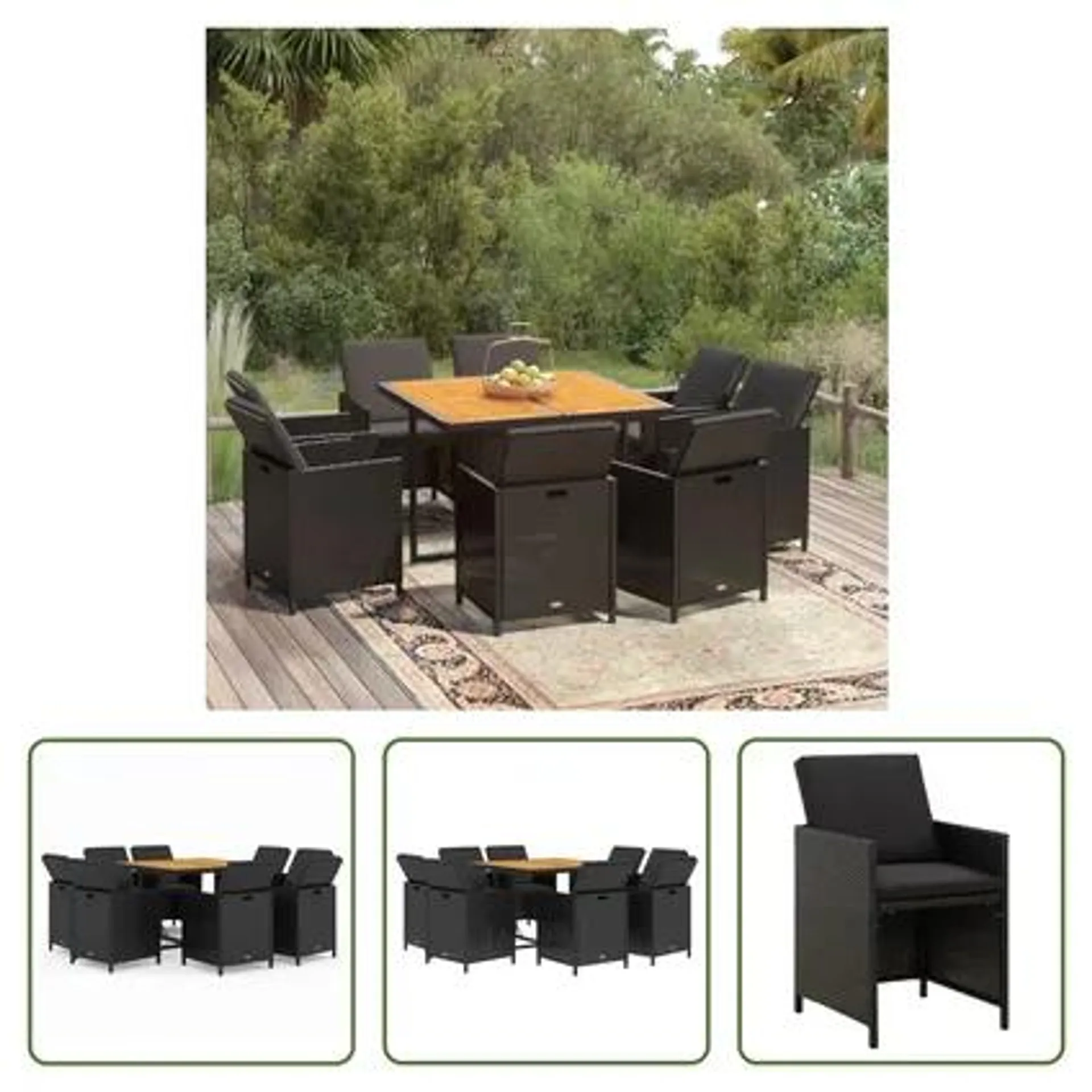 vidaXL Mobilier à dîner de jardin et coussins 9pcs Résine tressée Noir