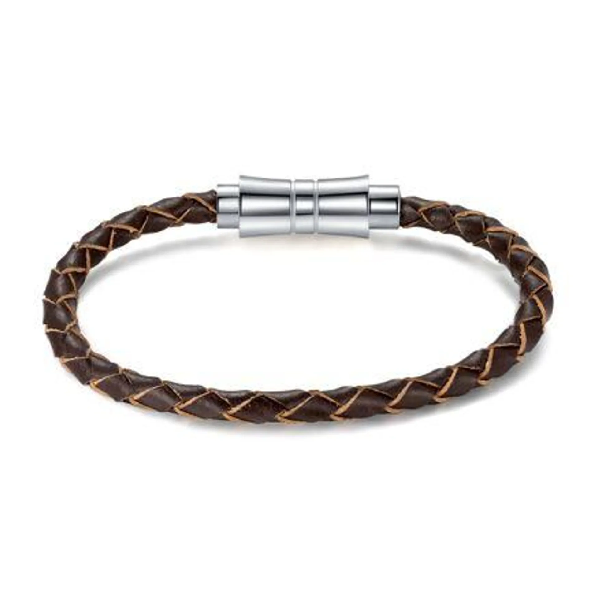 Armband in edelstaal, bruin leer