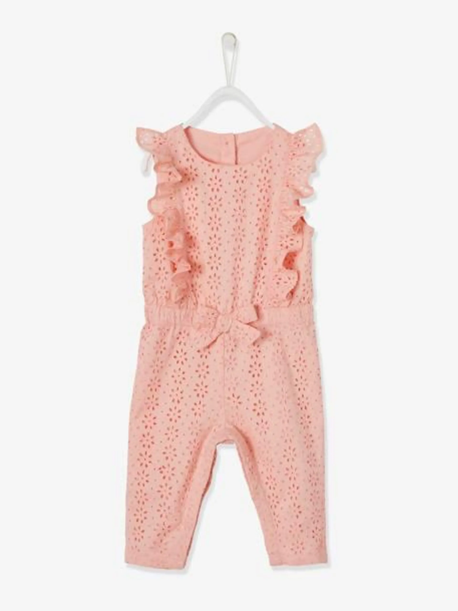 Combinaison volantée en broderie anglaise bébé fille - rose pâle