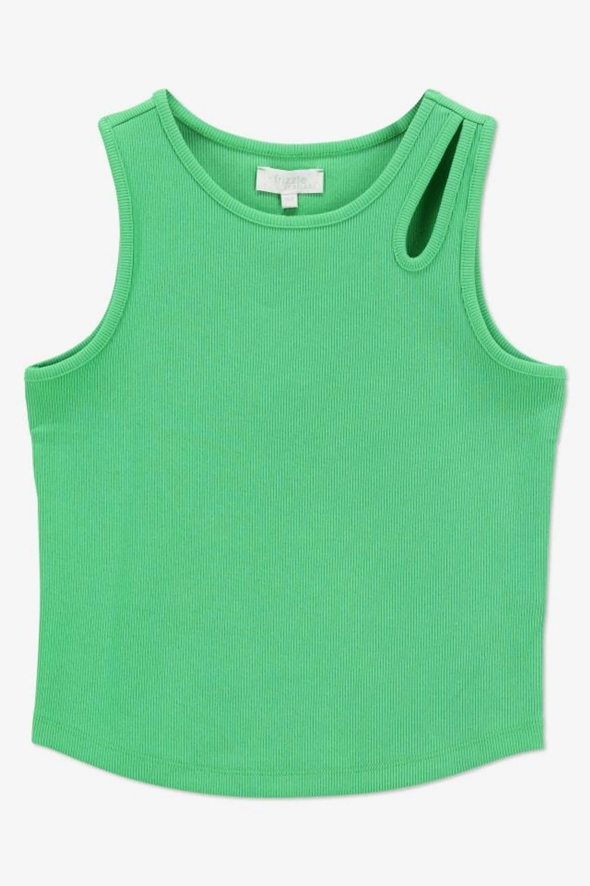 Groen fijn geribde top met cut-out aan de schouder
