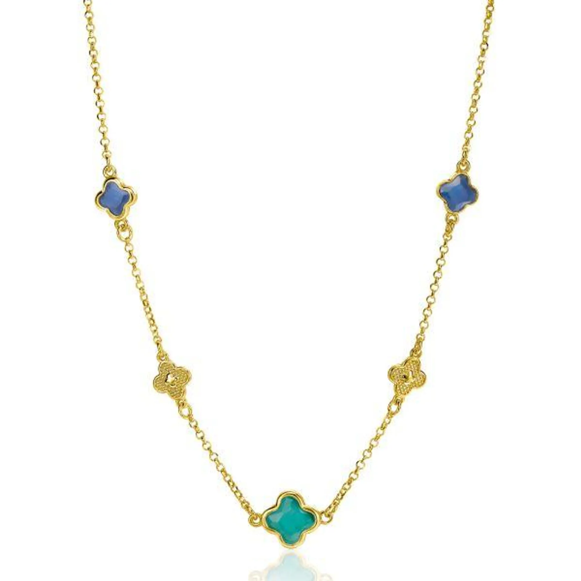 ZINZI gold plated zilveren schakel ketting met twee donkerblauwe klavers en een grotere groene klaver 40-45cm ZIC2583