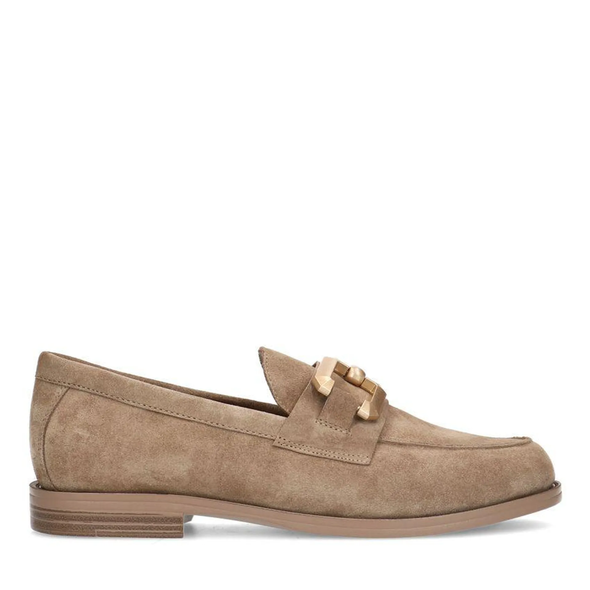 Beige suède loafers met vierkanten chain